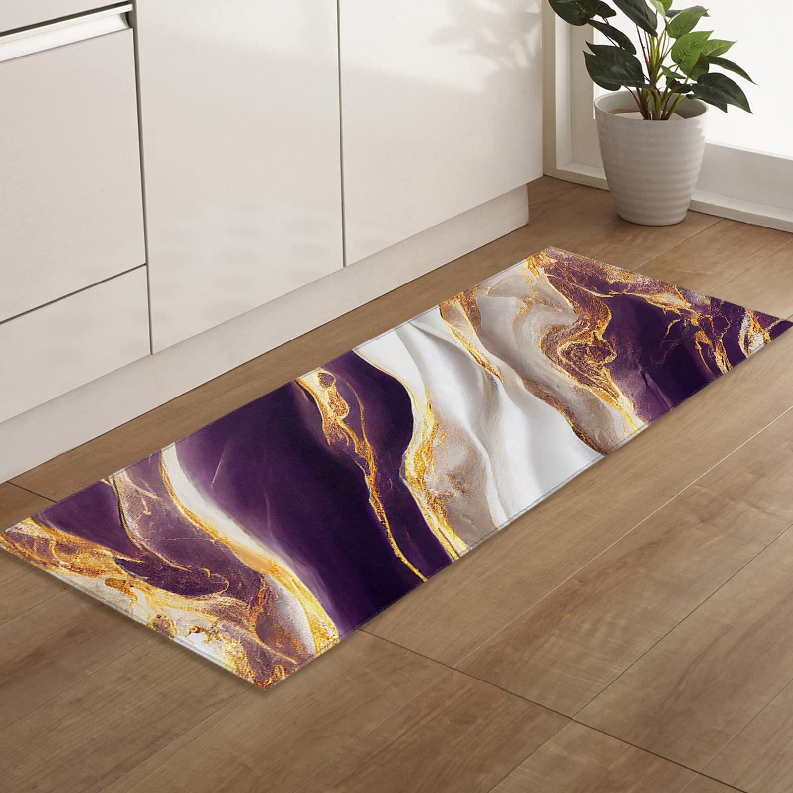 Shine-Home Marble Purple Kitchen Rug, Abstract Gold White Modern Art Washable Bath Shower Door Welcome Runner Area Rug Mat Carpet for Bedroom Bathroom Living Room Accent Throw Desk Rug, 20x47