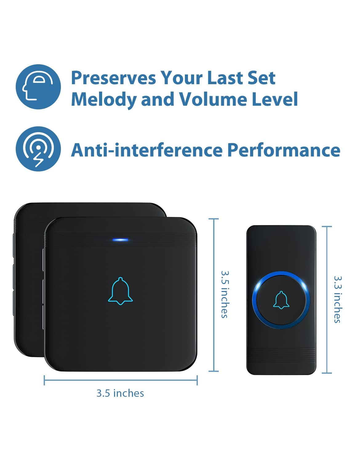 AVANTEK AVANTEK Wireless Doorbell, D-3B Waterproof Door Chime Kit Operating at over 1300 Feet with 2 Plug-In Receivers, 52 Melodies, CD Quality Sound and LED Flash