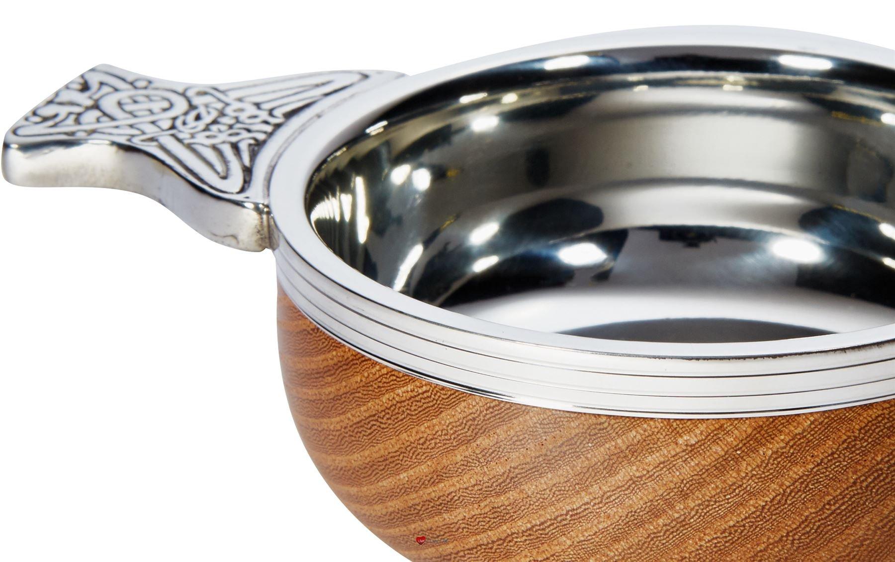 I LUV LTD Wood And Pewter Quaich Small Scottish Tasting Bowl Ideal Christening Gift