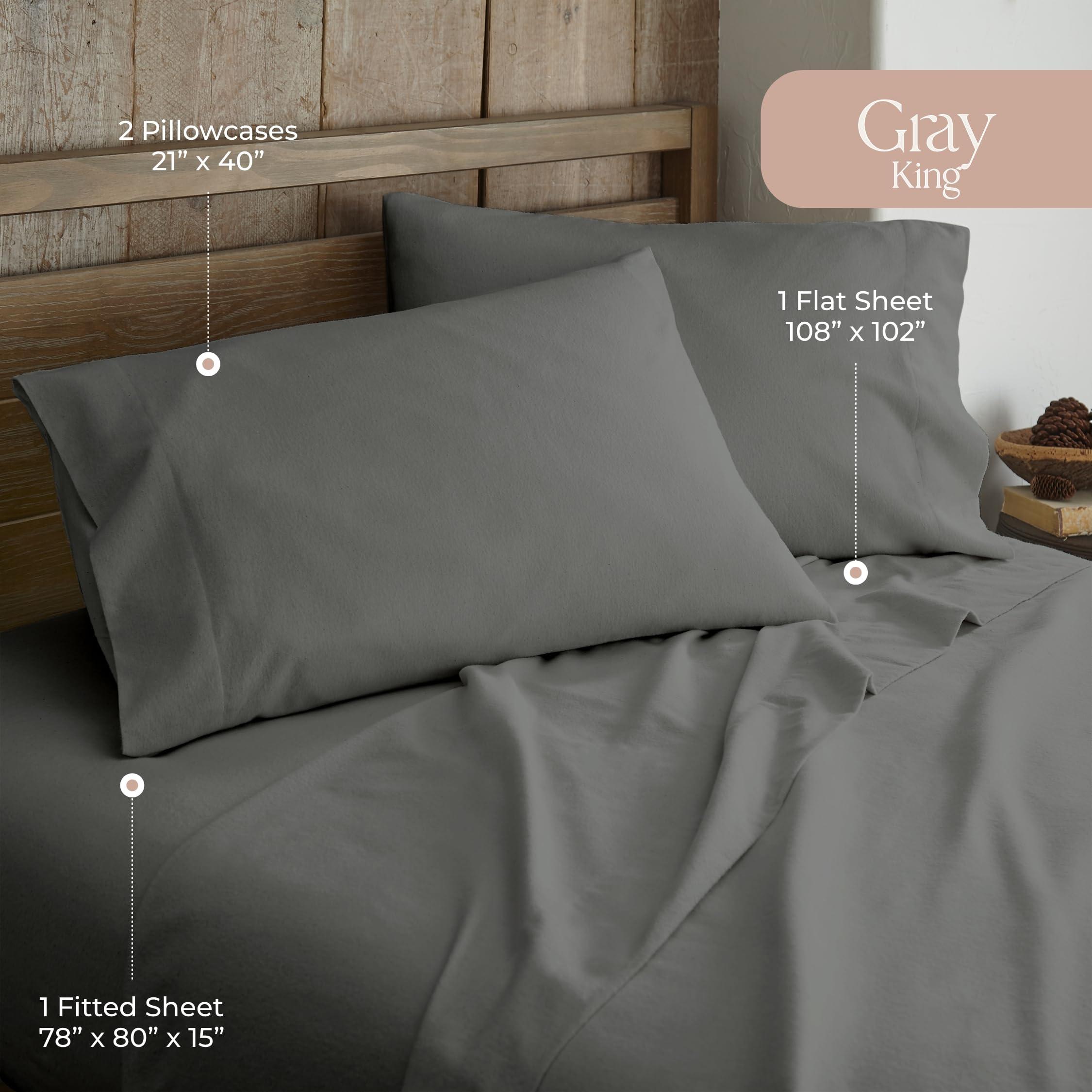 Whisper Organics 100% Organic Flannel Sheets King Size - GOTS Certified 100% Cotton Flannel Sheets Set with Comfortable Soft Brushed Finish & Deep Pocket - 1 Flat 1 Fitted & 2 Pillowcases (Dark Gray, King)