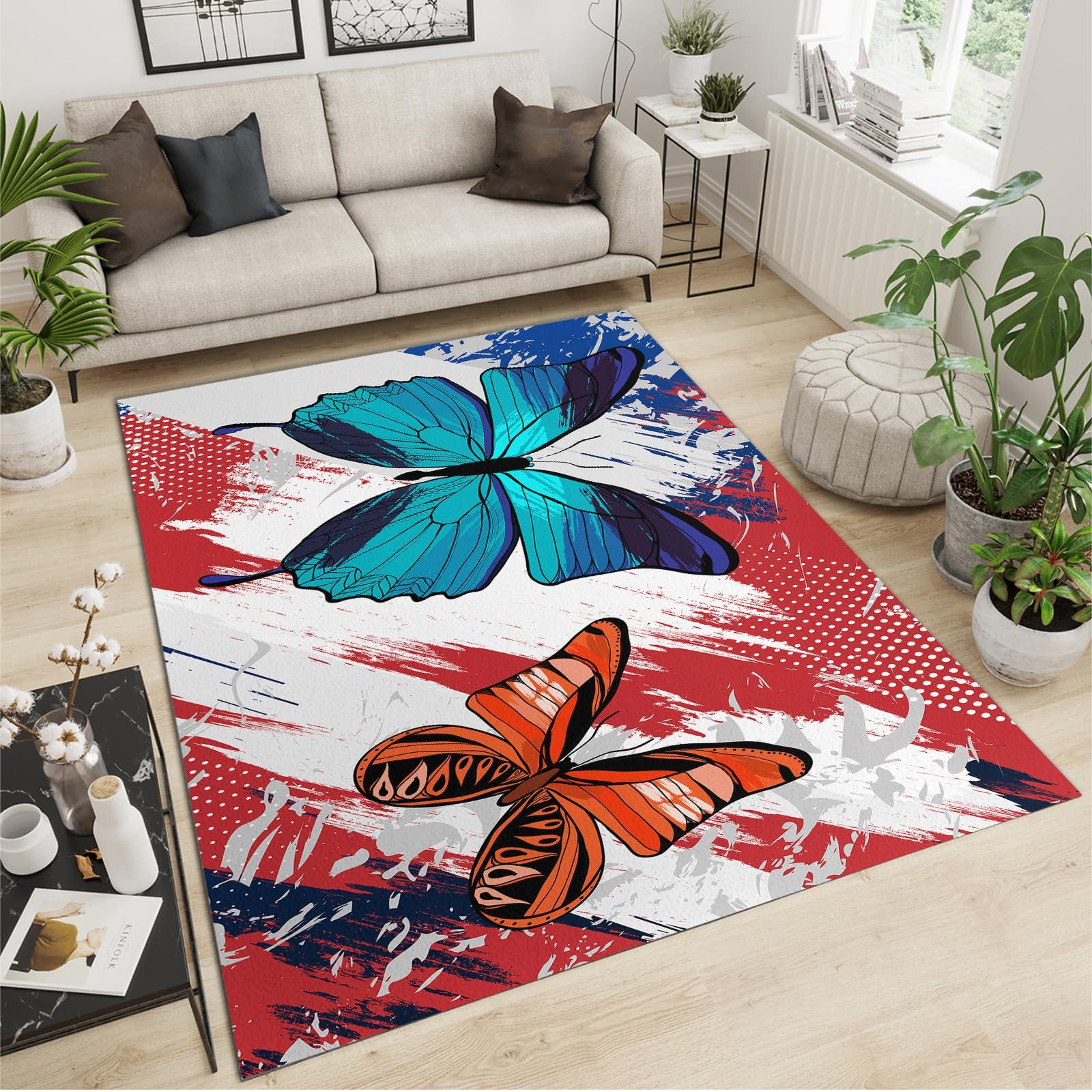 RUHEYIA Butterfly Area Rug, Watercolor Butterfly Carpet for Bedroom, with Non-Slip Backing Ideal Washable Flannel Carpet for Girl Living Room Office Home8 x 10ft