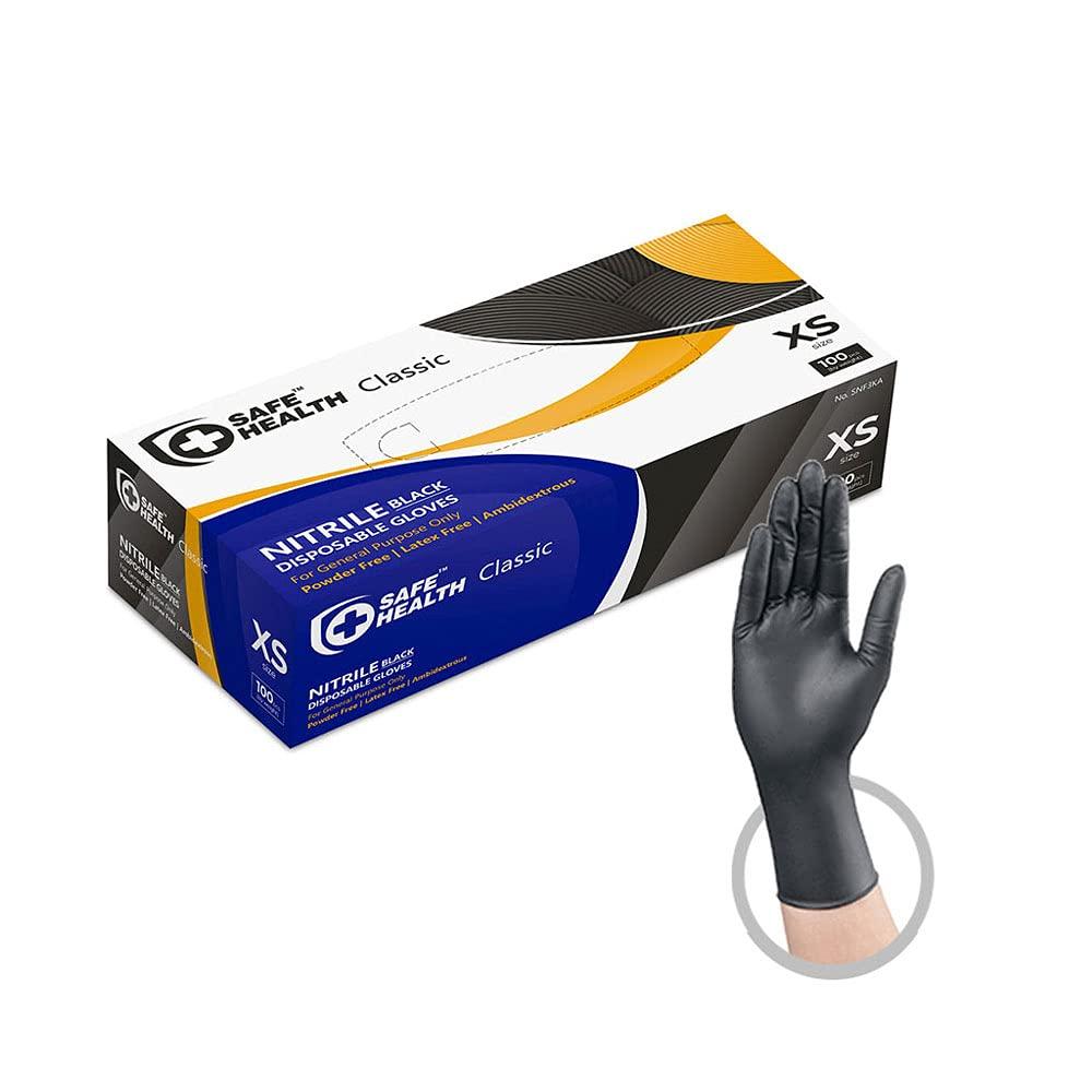 Safe Health Safe Health Nitrile Black Disposable Gloves, Latex Free, Powder Free, Box of 100, XS, Textured, 3.5 mil, Industrial, Tattoo, Salon, Hair, Auto, Car, Cleaning, Food, Cooking
