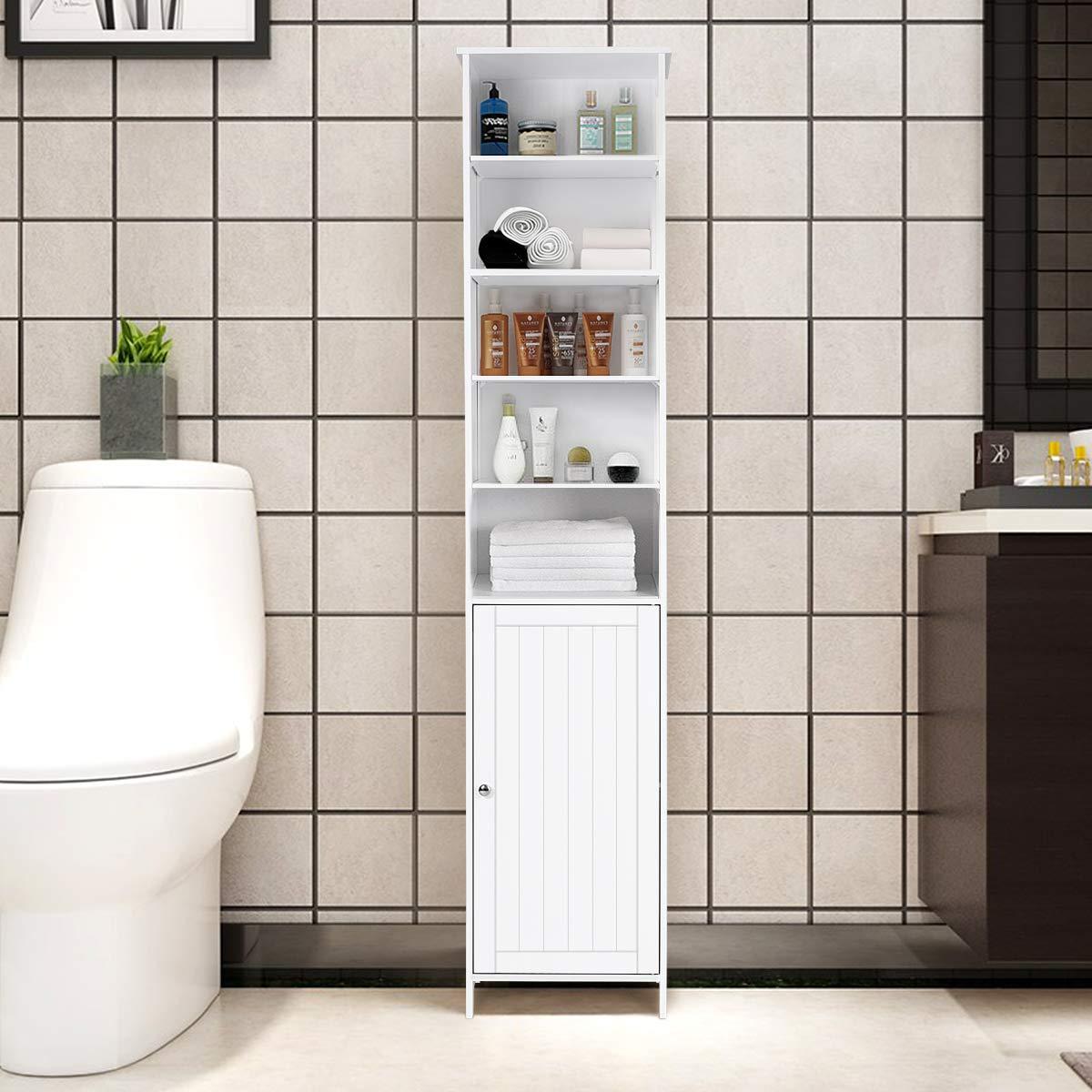 Tangkula Tangkula Slim Tall Bathroom Storage Cabinet, 72" H Floor Standing Tower Cabinet with Adjustable Shelves & Cupboard with Door, Space Saving Narrow Storage Cabinet for Bathroom (White)
