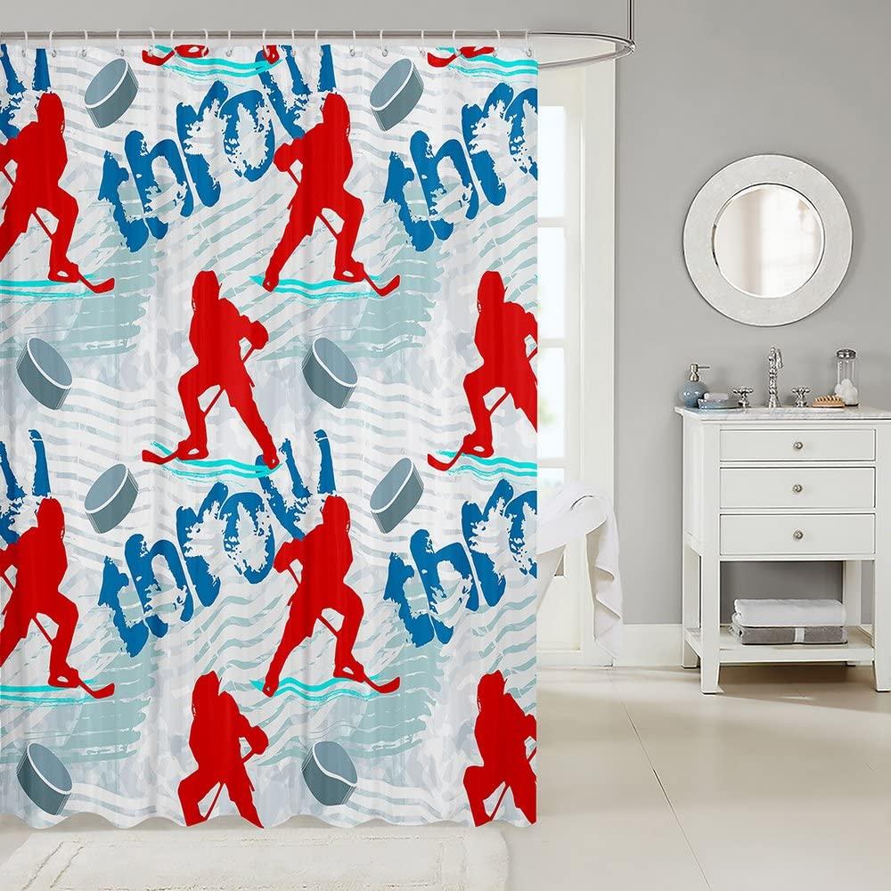 Homewish Ice Hockey Kids Shower Curtains,Winter Event Ball Sport Game Bathroom Curtains for Boys Adults,Athlete Silhouette Graffiti Red Blue Stylish Waterproof Curtains for Bathtub,12 Hooks Suits,72\"W x 78\"L