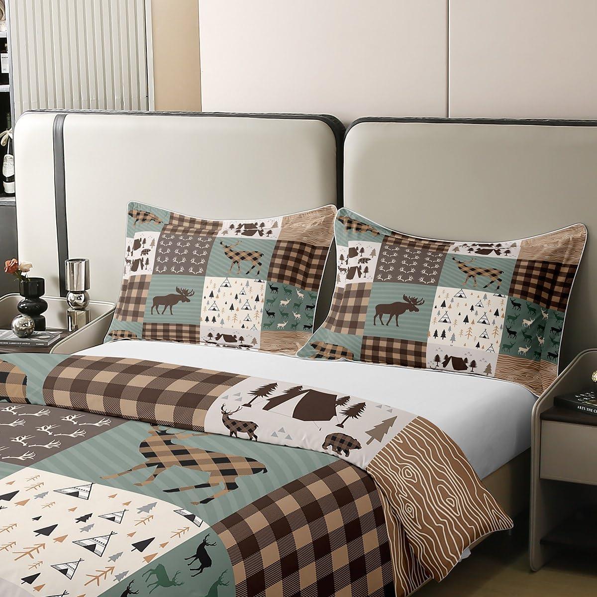Erosebridal 100% Cotton Rustic Patchwork Duvet Cover King,Retro Cabin Bedding Set for Kids Boys Teens,Woodland Bear Deer Hunting Comforter Cover Moose Wild Animal Camping Tent Brown Lattice Farmhouse Bed Set