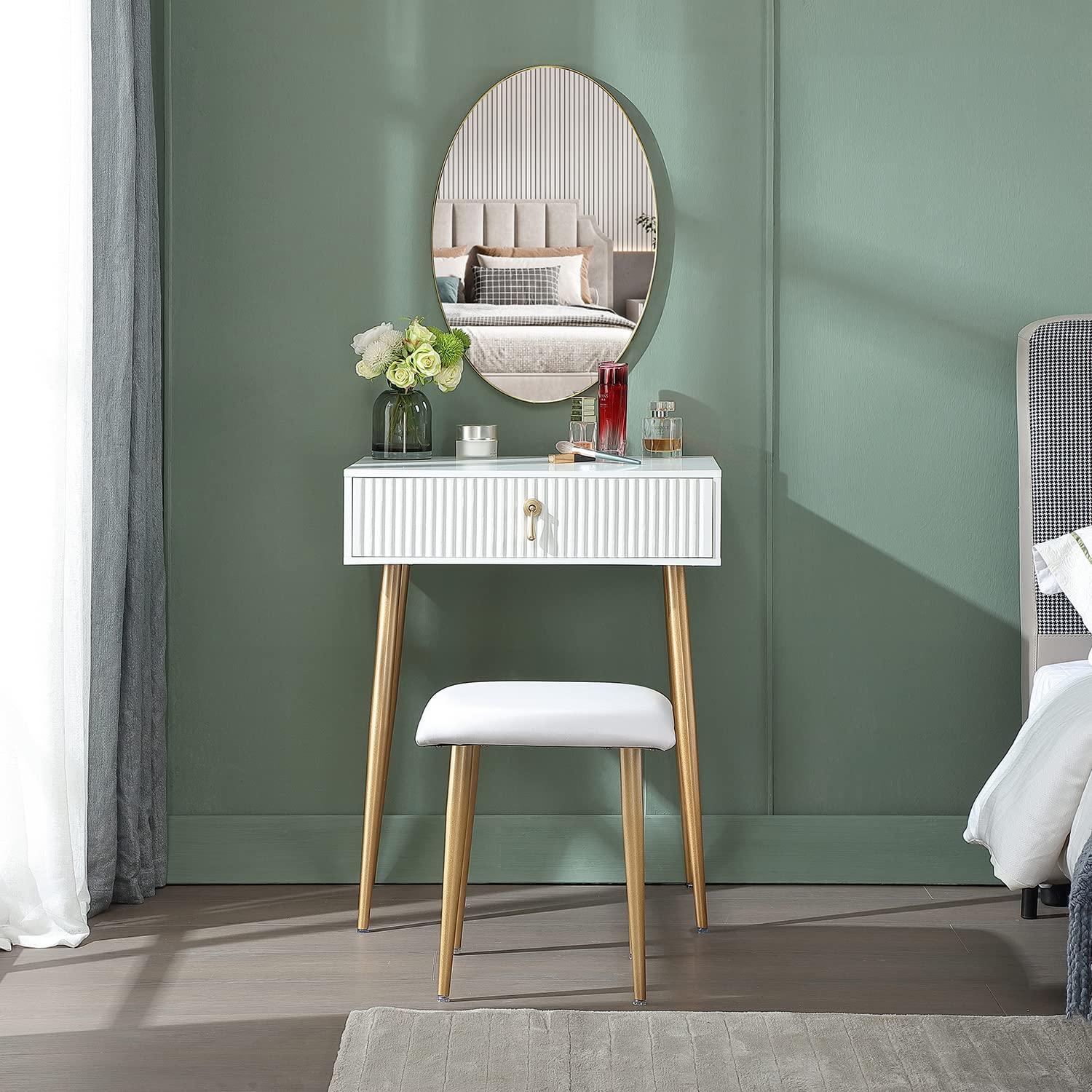 LUKYRA LUKYRA Small Vanity Desk with Drawers,Fluted Compact Makeup Table with Storage, Mini White and Gold Dressing Table (Without Mirror and Stool)