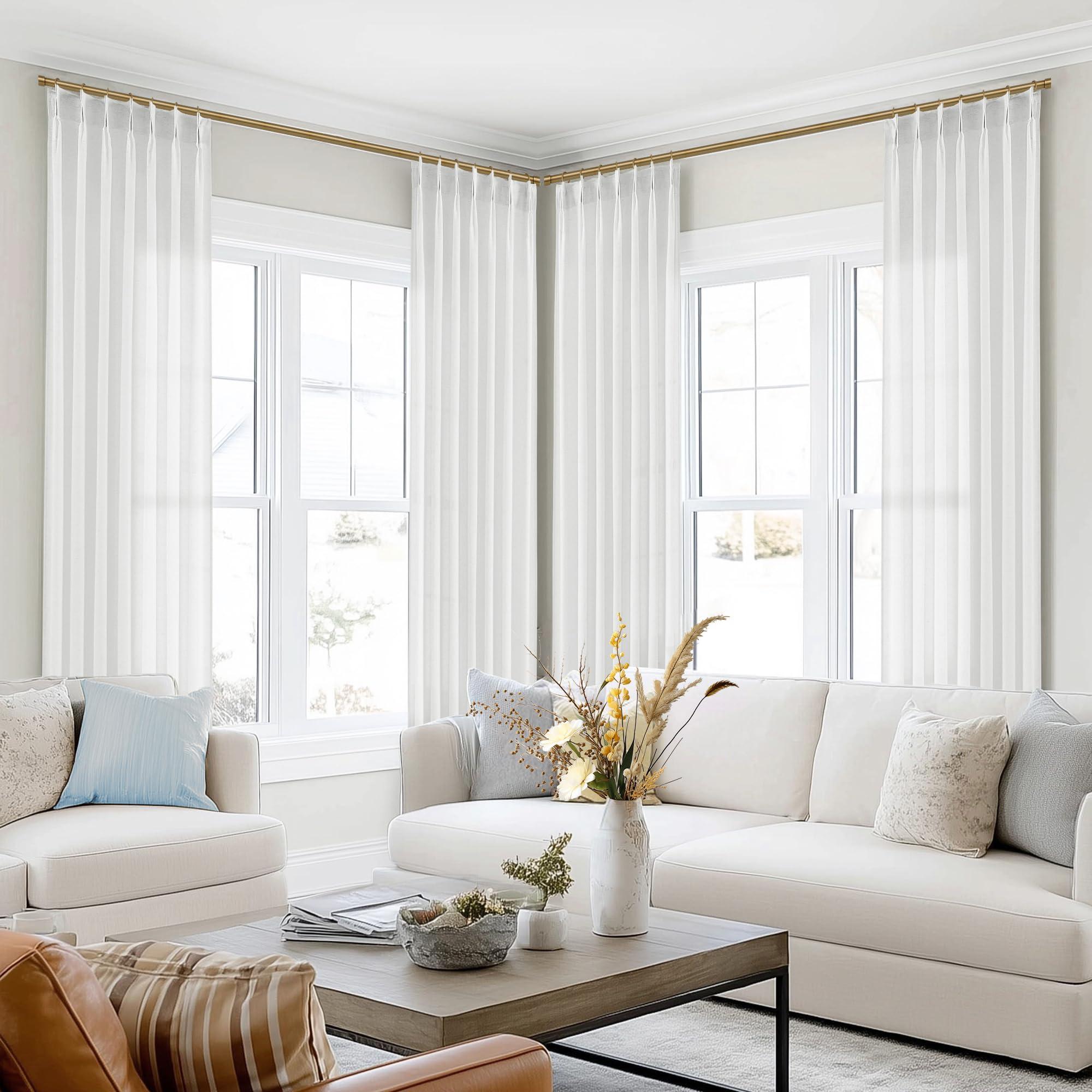 SHINELAND SHINELAND 102 Inch Long White Curtains Drapes for Living Room,Pinch Pleated Linen Sheer Extra Long Ceiling Curtains,102 in Length