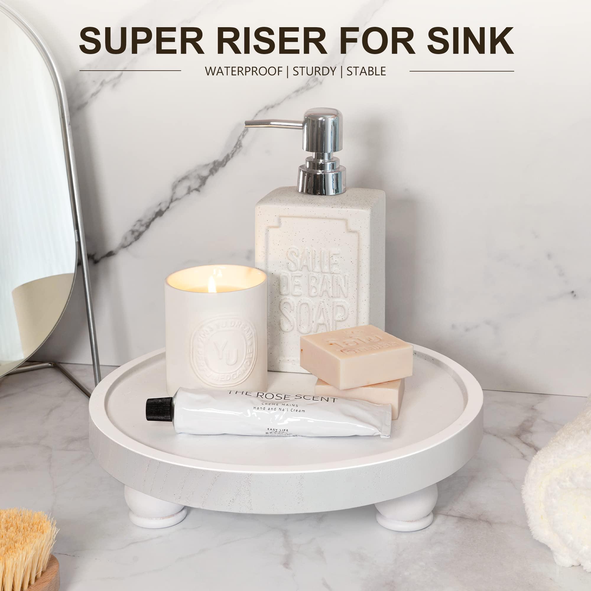 EOSAHR EOSAHR Decorative Wooden Riser for Home Decor : Farmhouse Display Stand for Kitchen Counter, Bathroom Sink and Home Decor - Rustic Round Waterproof Pedestal Tray for Soap, Plant Holder (White)