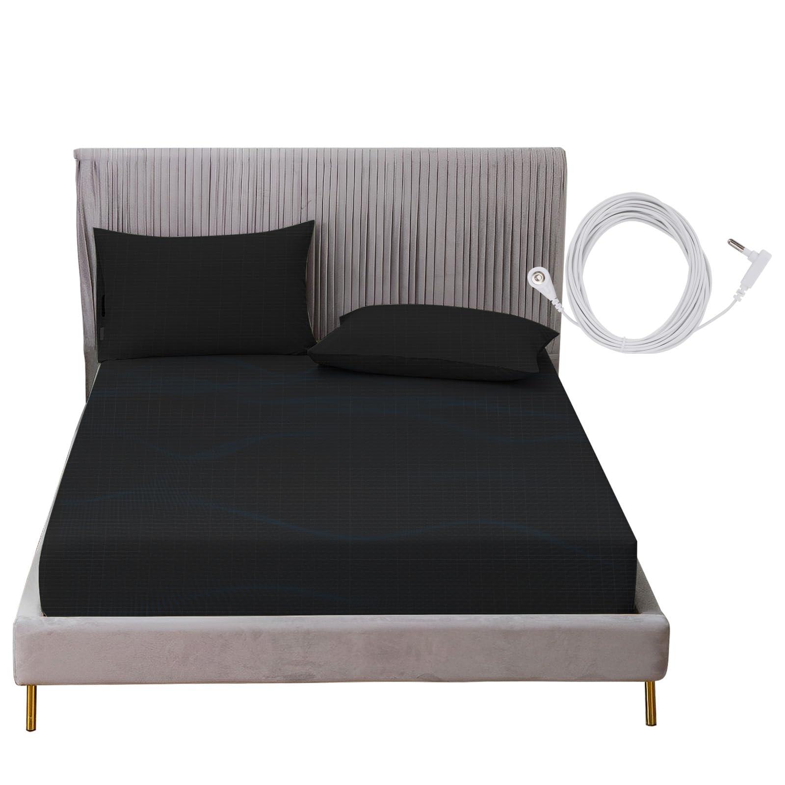 ConBlom Grounding Fitted Sheet with Grounding Cord, Earthing Bed Sheets, 5% Silver Fiber & 95% Cotton Fiber, Conductive Earthing Bed Sheet for Better Sleep (Black, California King)