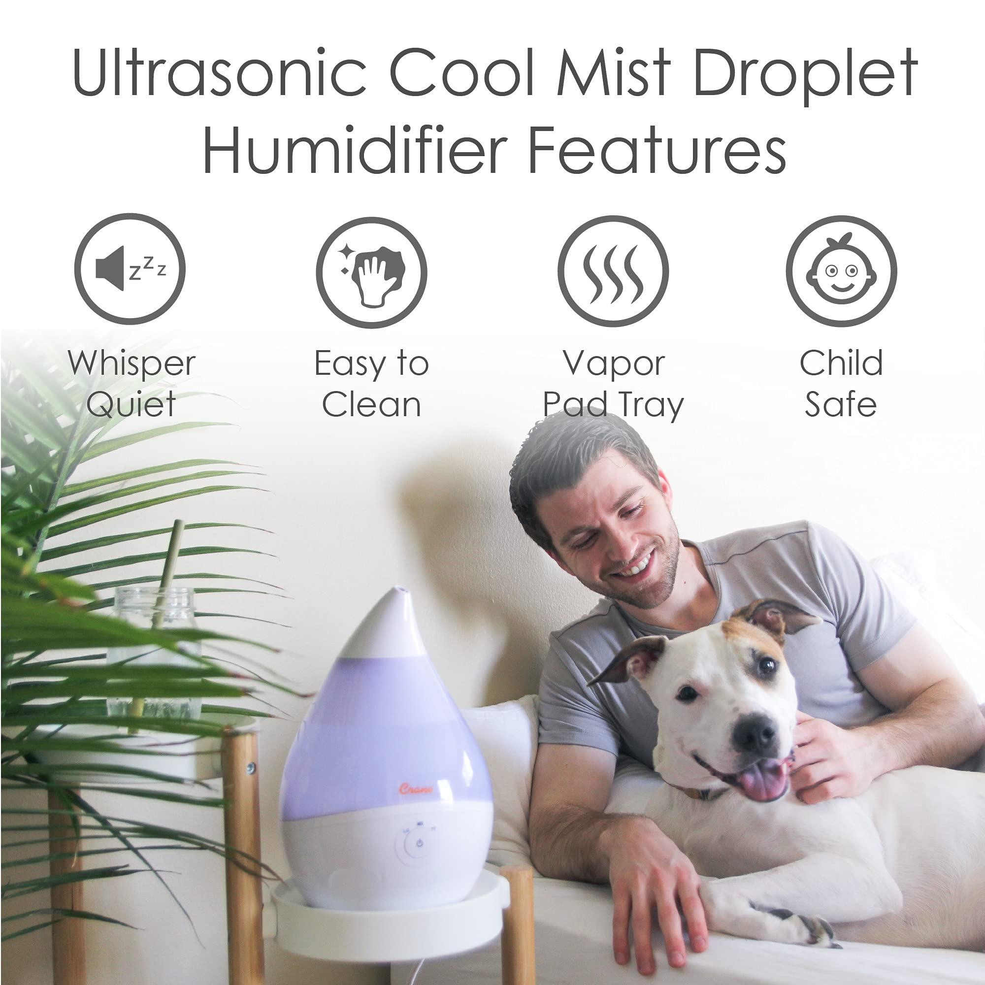 Crane Crane Droplet Ultrasonic Small Air Humidifiers for Bedroom and Office, 0.5 Gallon Cool Mist Humidifier for Plants and Home, Humidifier Filters Optional, White