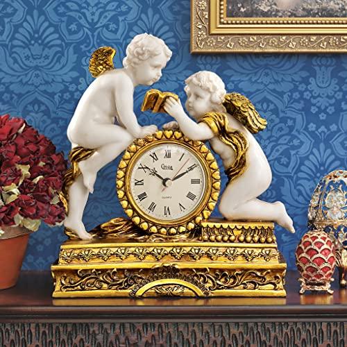Design Toscano Design Toscano Chateau Carbonne Cherub Mantel Clock Statue, 10 Inch, Polyresin, Gold and Ivory