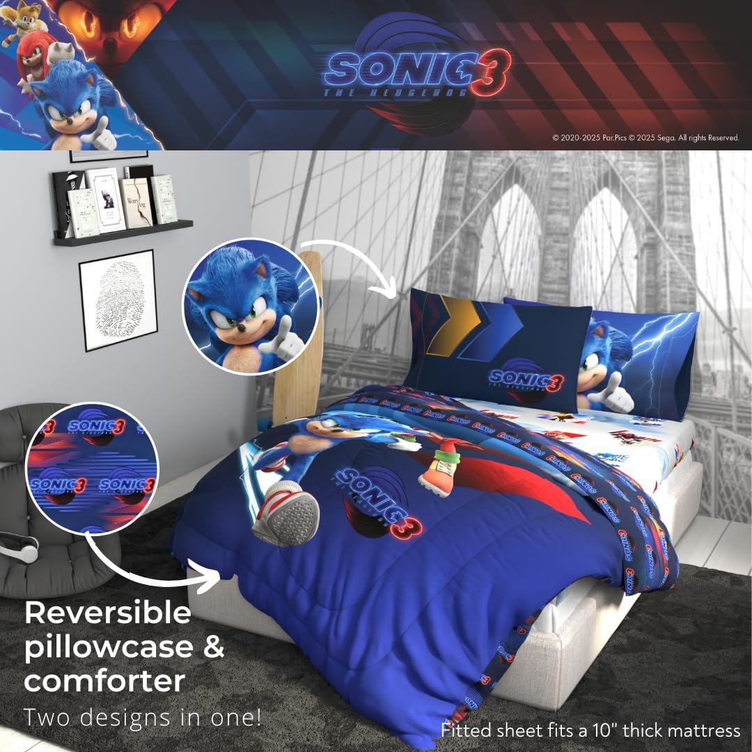 Franco Franco Sonic The Hedgehog 3 Movie Kids Bedding Super Soft Comforter and Sheet Set, 4 Piece Twin Size, (Officially Licensed Product)