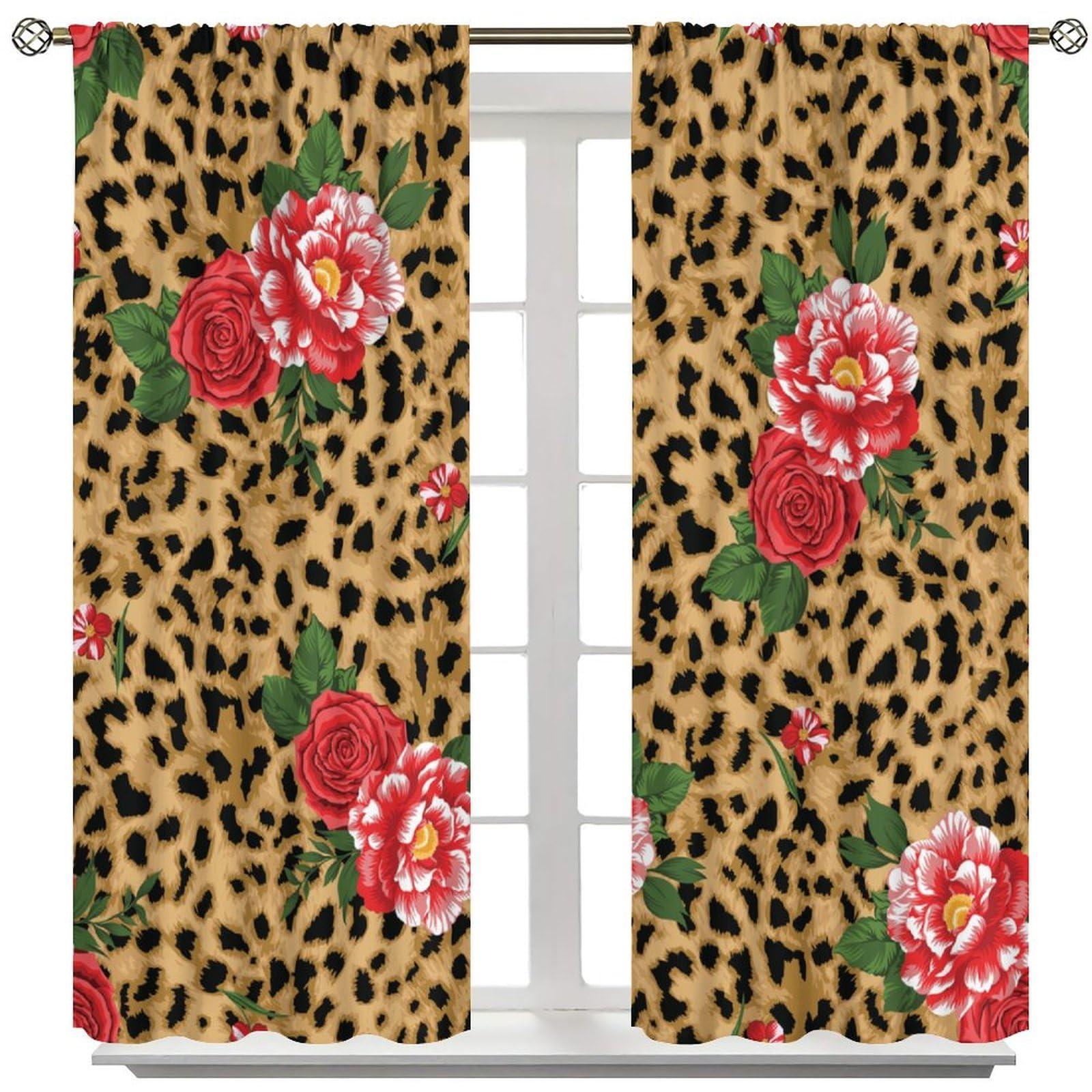 HLLYY Leopard Flower Curtains Pink Red Rose Floral Brown Animal Skin Print Print Blackout Window Drapes for Bedroom Living Room Bathroom W36xL63 Inch x2 Panels