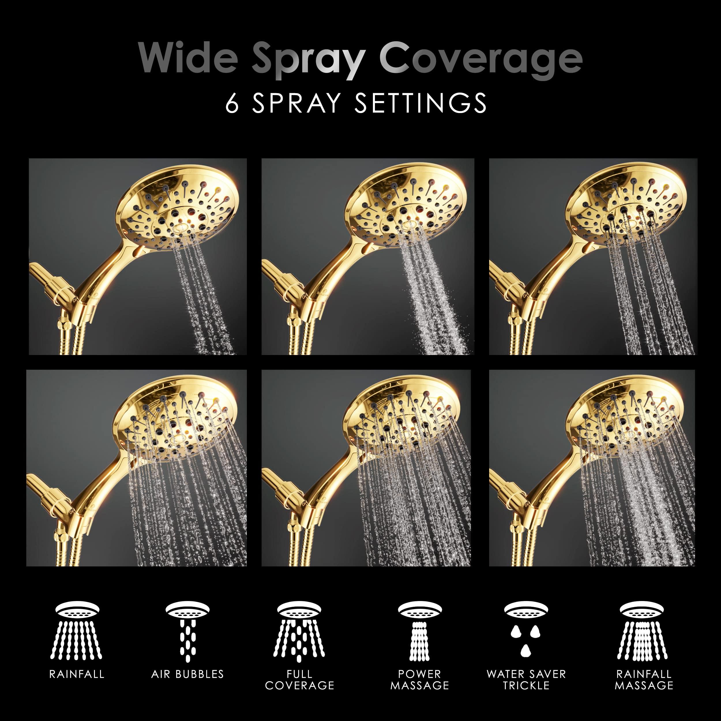 Wellness & Co Aquarius Gold Shower Head With Handheld Sprayer, 6 Spray Settings High Pressure Polished Brass Shower Head With Hose (Extra Long) & Adjustable Brass Ball Bracket Kit, Shower Head Gold Finish