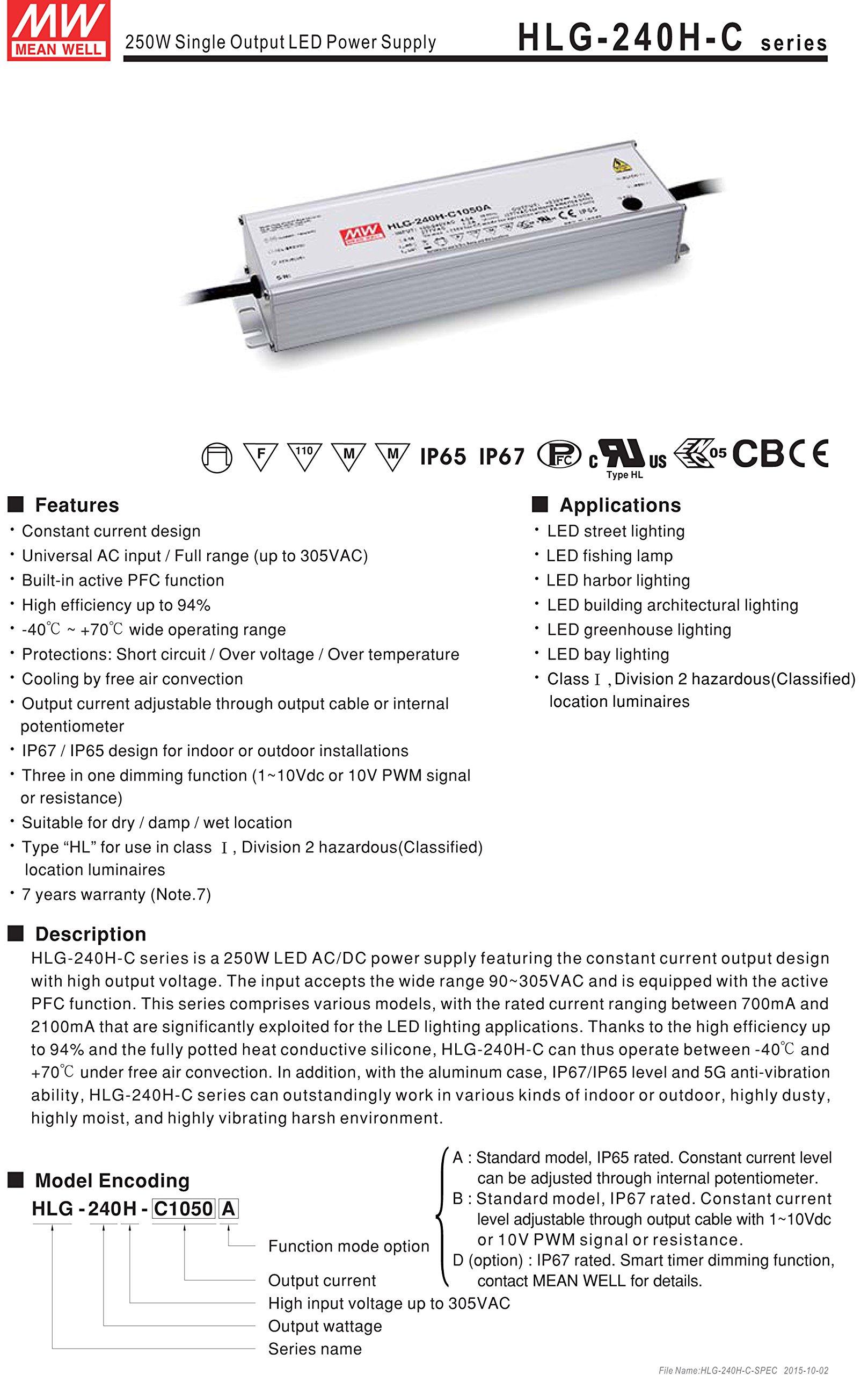EverSale MW Mean Well HLG-240H-C1050B 357V 700mA 249.9W Single Output Switching LED Power Supply with PFC
