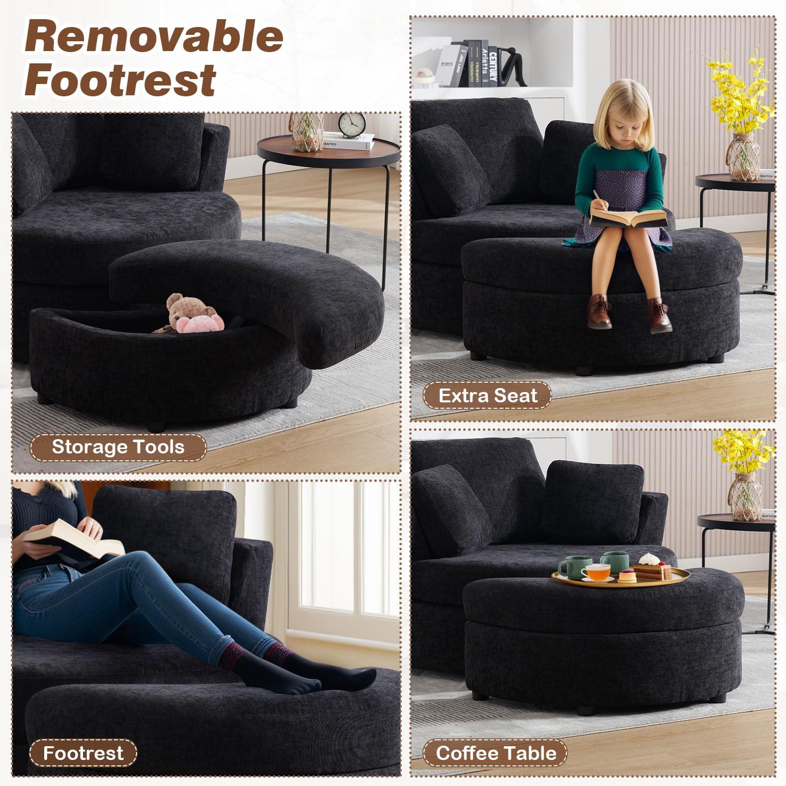 GEEVIVO 42\"W Oversized Swivel Accent Chair with Half Moon Storage Ottoman,360 Degree Chenille Swivel Barrel Chair,Comfy Upholstered Round Swivel Chair,Modern Reading Sofa Arm Chair for Living Room,Club(Black)