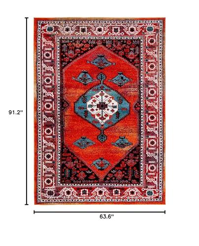 Safavieh SAFAVIEH Vintage Hamadan Collection Area Rug - 5'3" x 7'6", Red & Blue, Traditional Oriental Medallion Design, Non-Shedding & Easy Care, Ideal for High Traffic Areas in Living Room, Bedroom (VTH262Q)