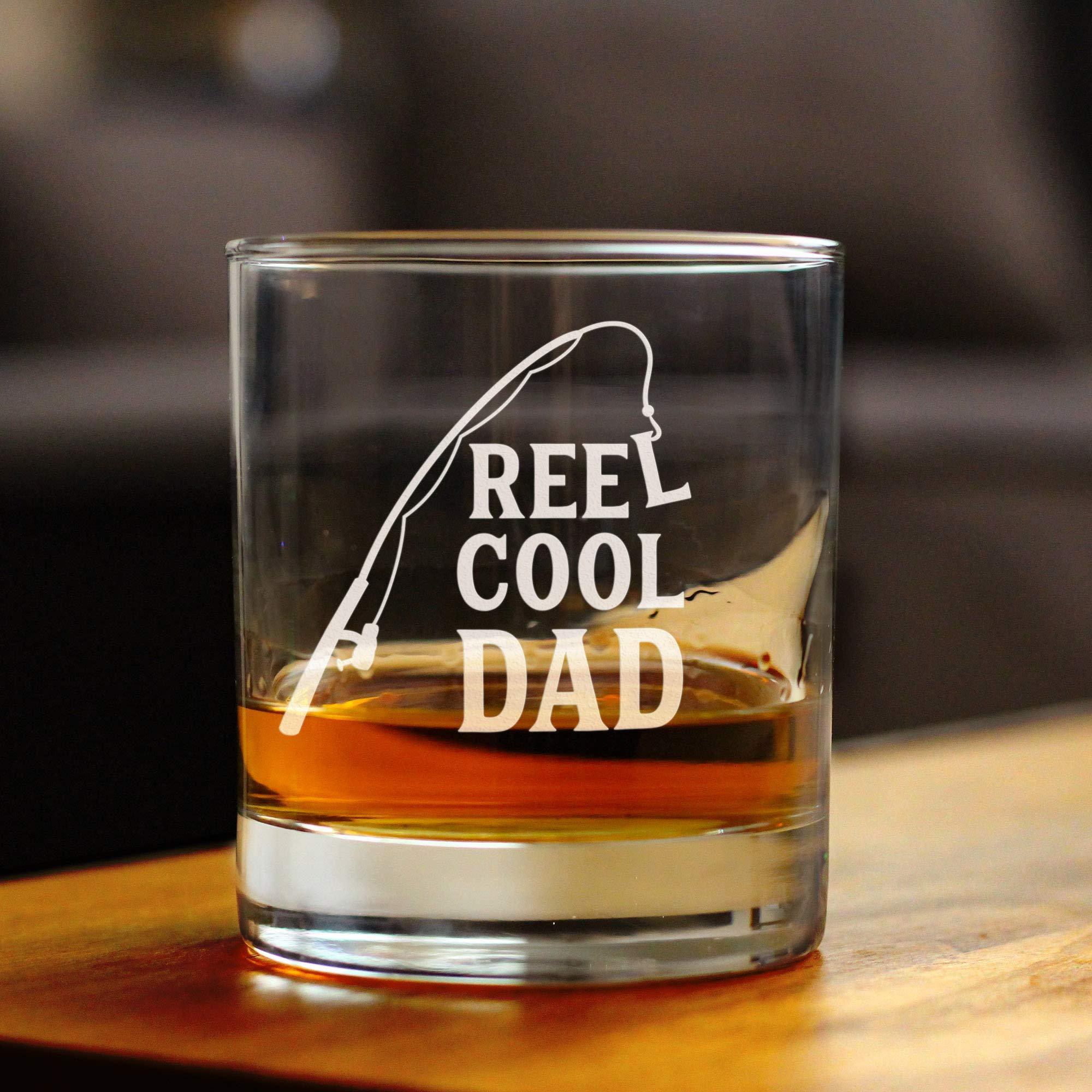 Bevvee Reel Cool Dad - Funny Whiskey Rocks Glass - Fishing Gifts for Fathers - Engraved 10.25 oz Glasses - Fun Fish Cups
