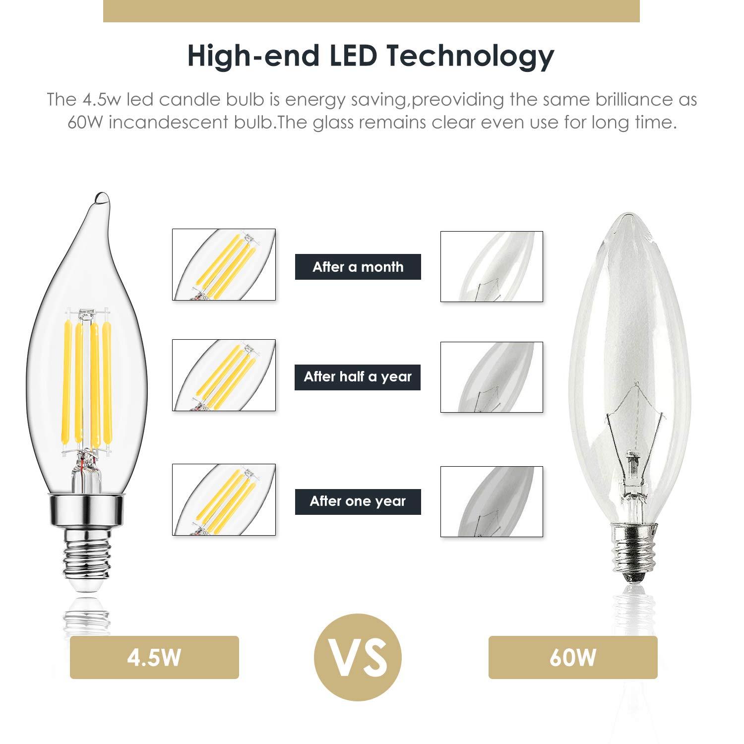 Sigalux Sigalux E12 LED Bulb Candelabra Base 60 watt Chandelier Light Bulbs Dimmable, Flame Tip , 4.5W, 500LM 2700K Soft White, CA10 Candle Light Bulbs, 12 Packs