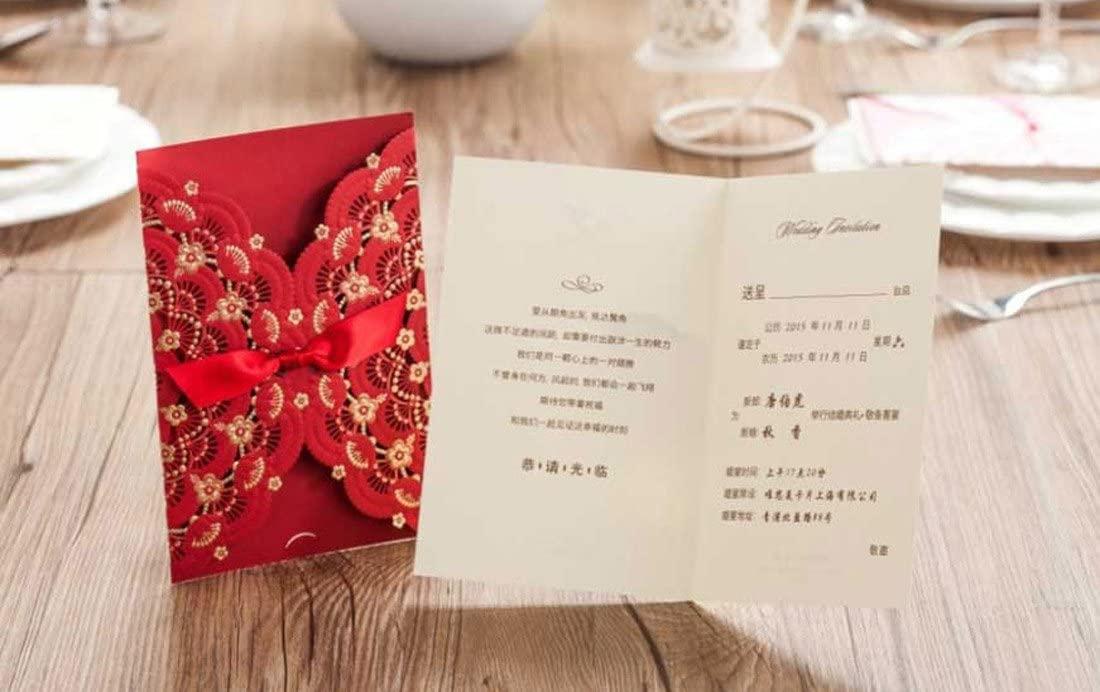 WISHMADE Hosmsua 50PCS Customized Red Wedding Invitations Cards with 5 x 7.4 Inch Laser Cut Rose Foil Gold Floral Pocket Invitions for Wedding Quinceanera Invite