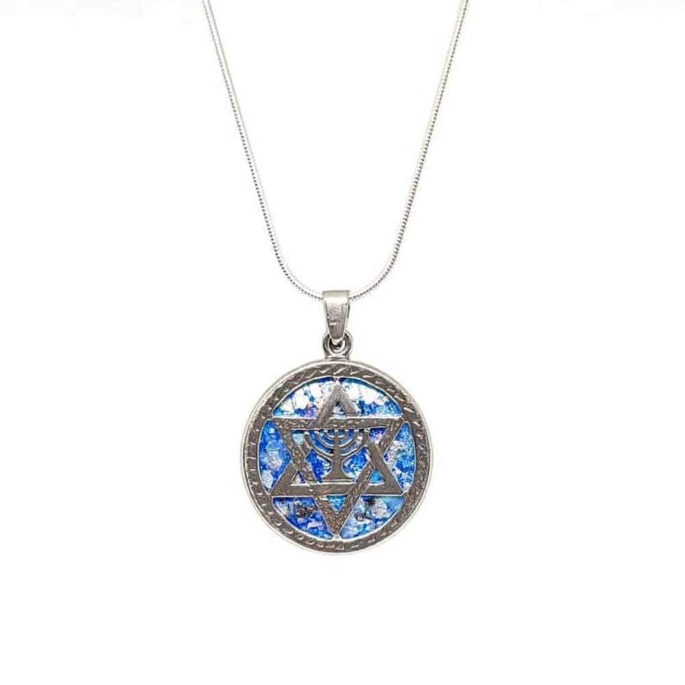 Holysands Holysands 925 Sterling Silver Menorah Star of David Pendant with Roman Glass