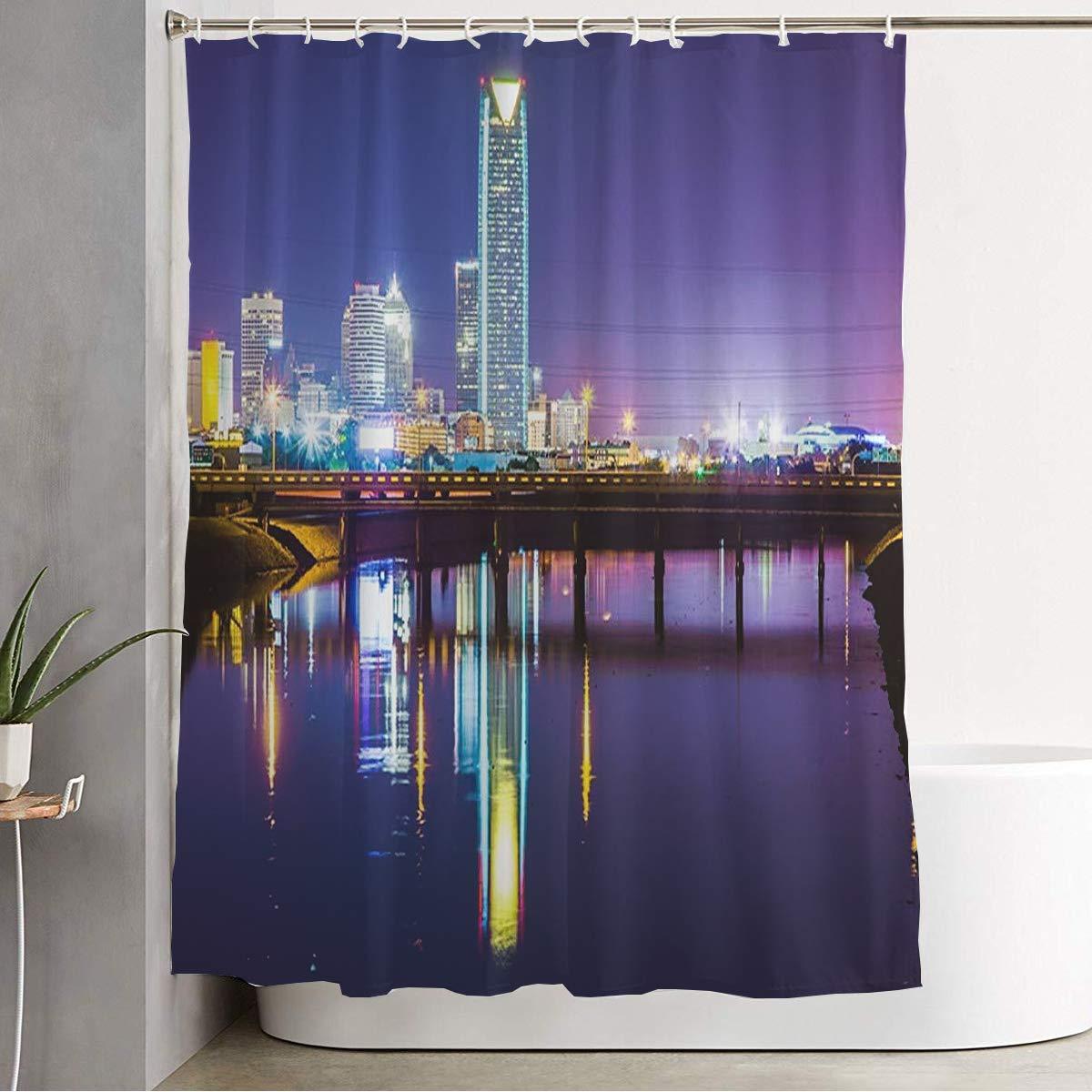 Starosa Shower Curtain Water Proof Oklahoma Scape City Rivers Skyline Night Rumble Industry This Shows Landmarks Parks Outdoor Travel Cloth Fabric Bathroom Decor Set with Hooks 72\" x 78\"