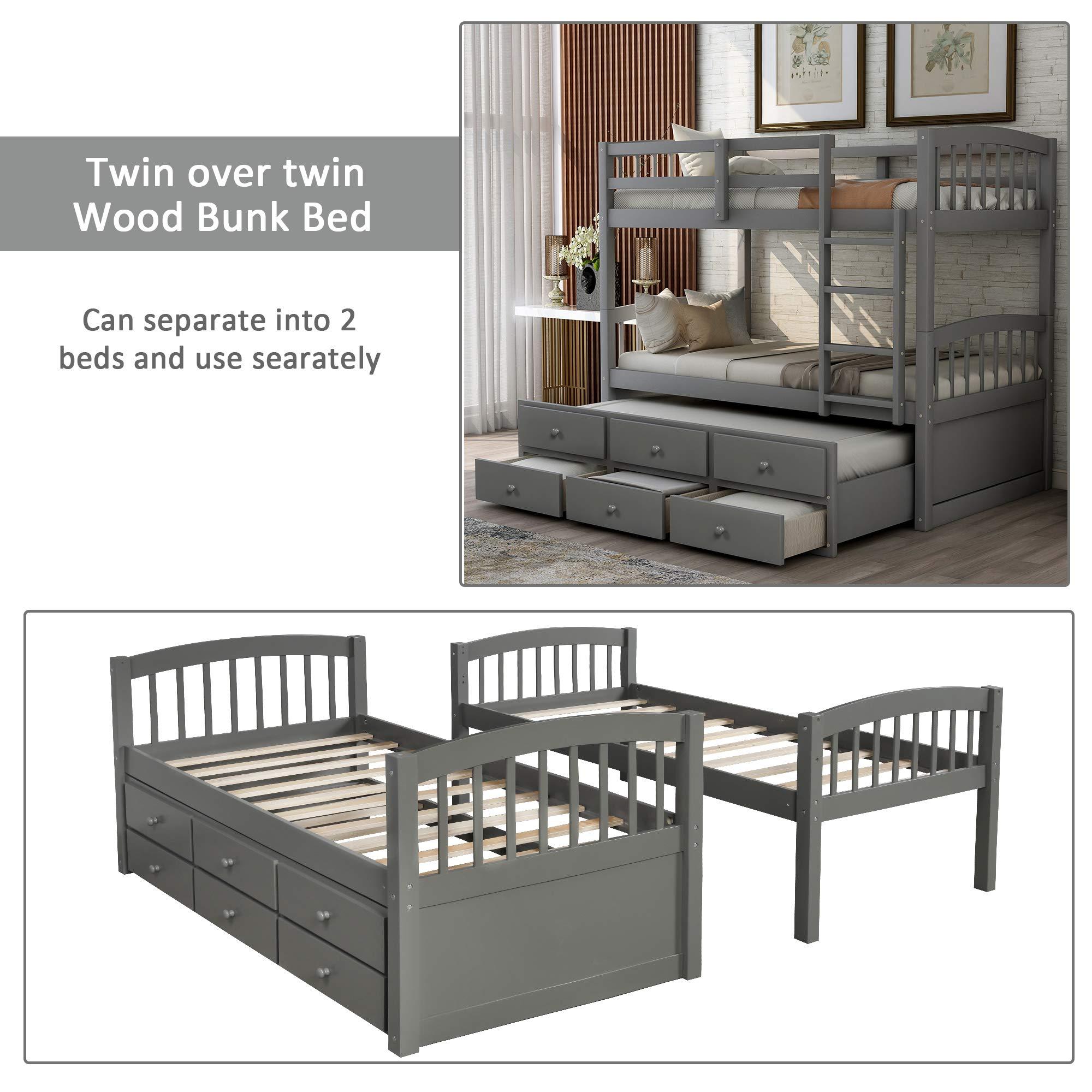 XD Designs XD Designs Twin Over Twin Bunk Bed with Trundle Bed and 3 Storage Drawers, Solid Wood Bed Frame with Ladder/Safety Rail for Kids, Teens Bedroom (Grey)
