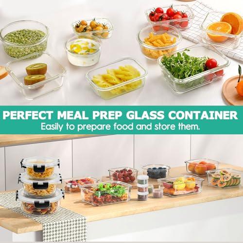 AMALEKO 34pcs Glass Food Storage Containers with Lids Set, Airtight Glass Meal Prep Containers (17 Containers & 17 Lids), Leak Proof Lunch Containers BPA-Free, Microwave, Oven, Freezer, Dishwasher Safe-Black