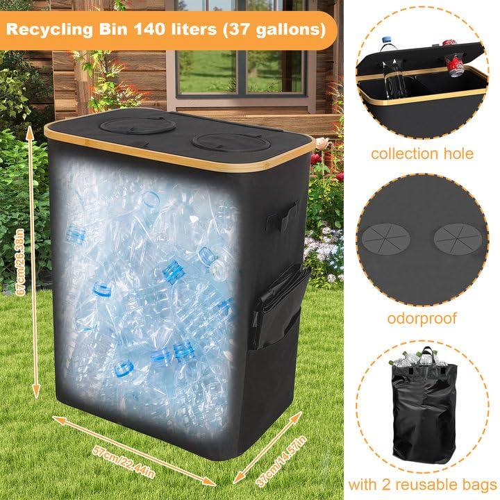 Qivine Qivine Recycling Bin for Kitchen, 37 Gallon Recycle Bin with Lid Large Recycling Bin with 2 Removeable and Reusable Inner Bag for Bottle Can Plastice Stickers