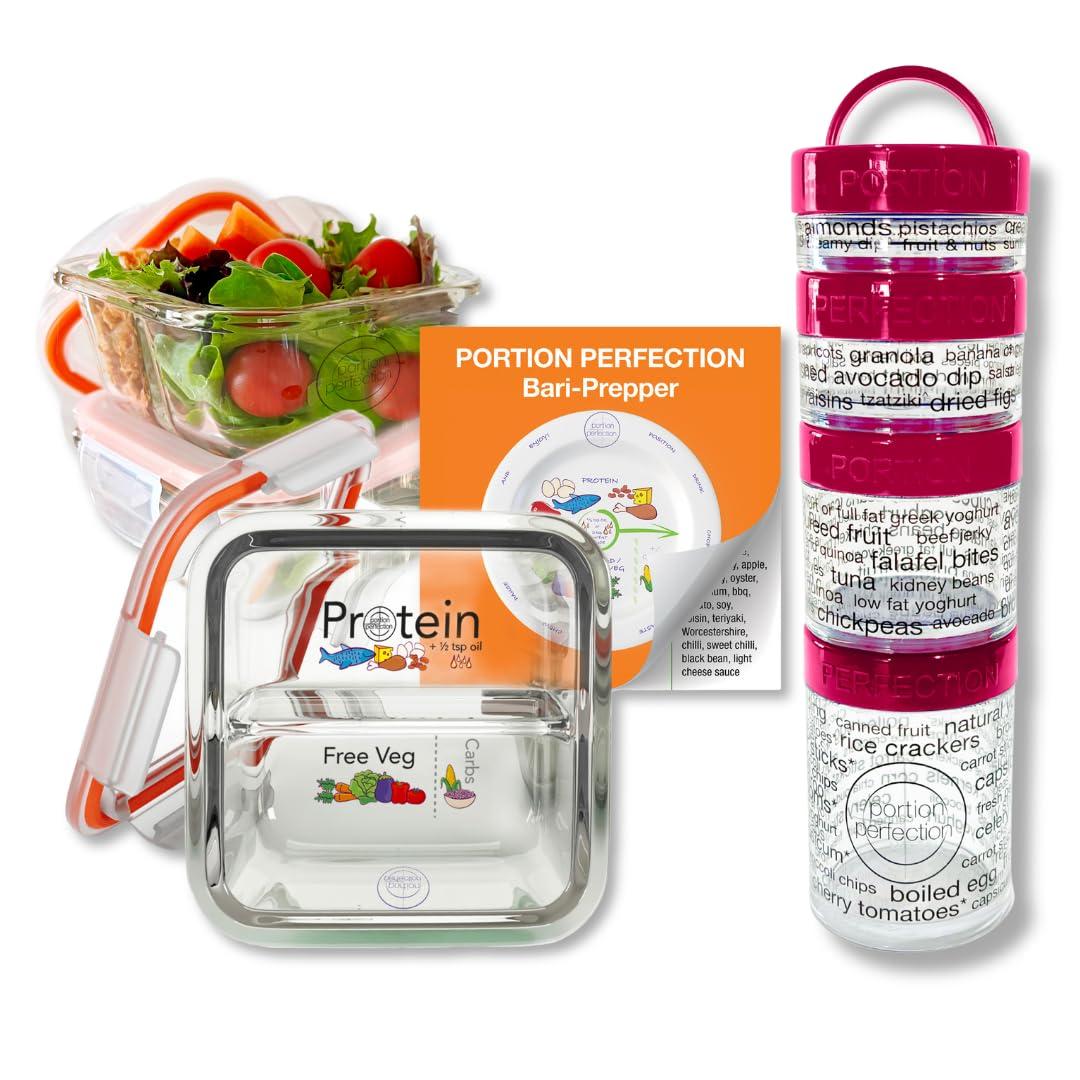 Portion Perfection Bariatric Portion Control Lunchbox/Meal Prep Glass Containers 3pk with 100 Cal Snack Container Set, Practical Meal Prep, Gastric Sleeve, Bypass or Band with Protein, Carbs & Veg