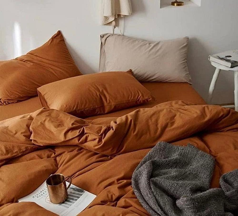 Generic Generic Burnt Orange Cotton Duvet Cover Duvet Cover with Button Washed Cotton Burnt Orange Duvet Cover Pillow Shame Burnt Orange Bedding Set (California King)