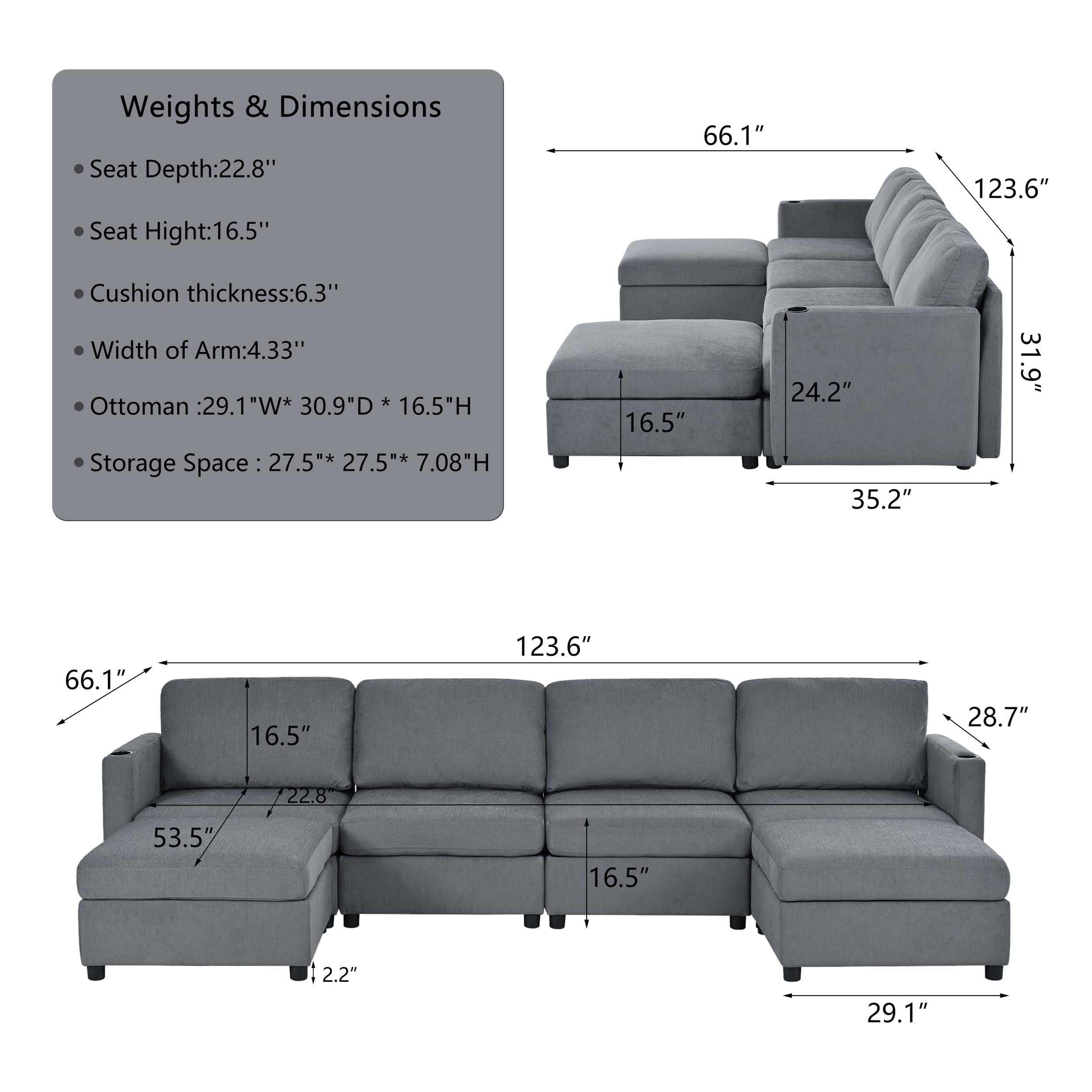 DEINPPA DEINPPA U-Shape Modular Sectional Couch with Storage Compartment, 6-Seat Sectional Sofa Couch with Ottoman, Sleeper Sectional Couch for Living Room Chenille Fabric-Grey