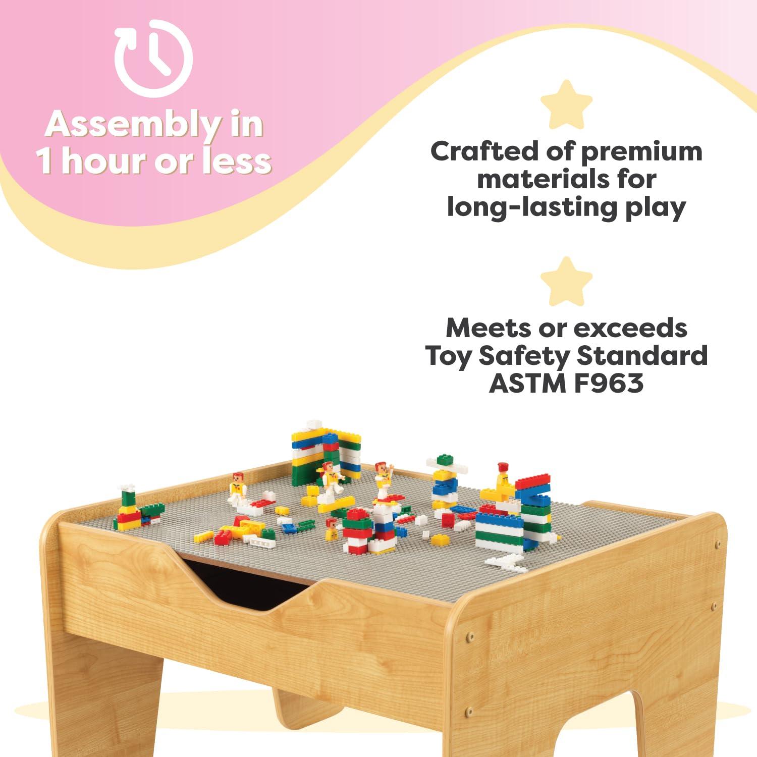 KidKraft KidKraft Reversible Wooden Activity Table with Board with 195 Building Bricks  Gray & Natural, Gift for Ages 3+