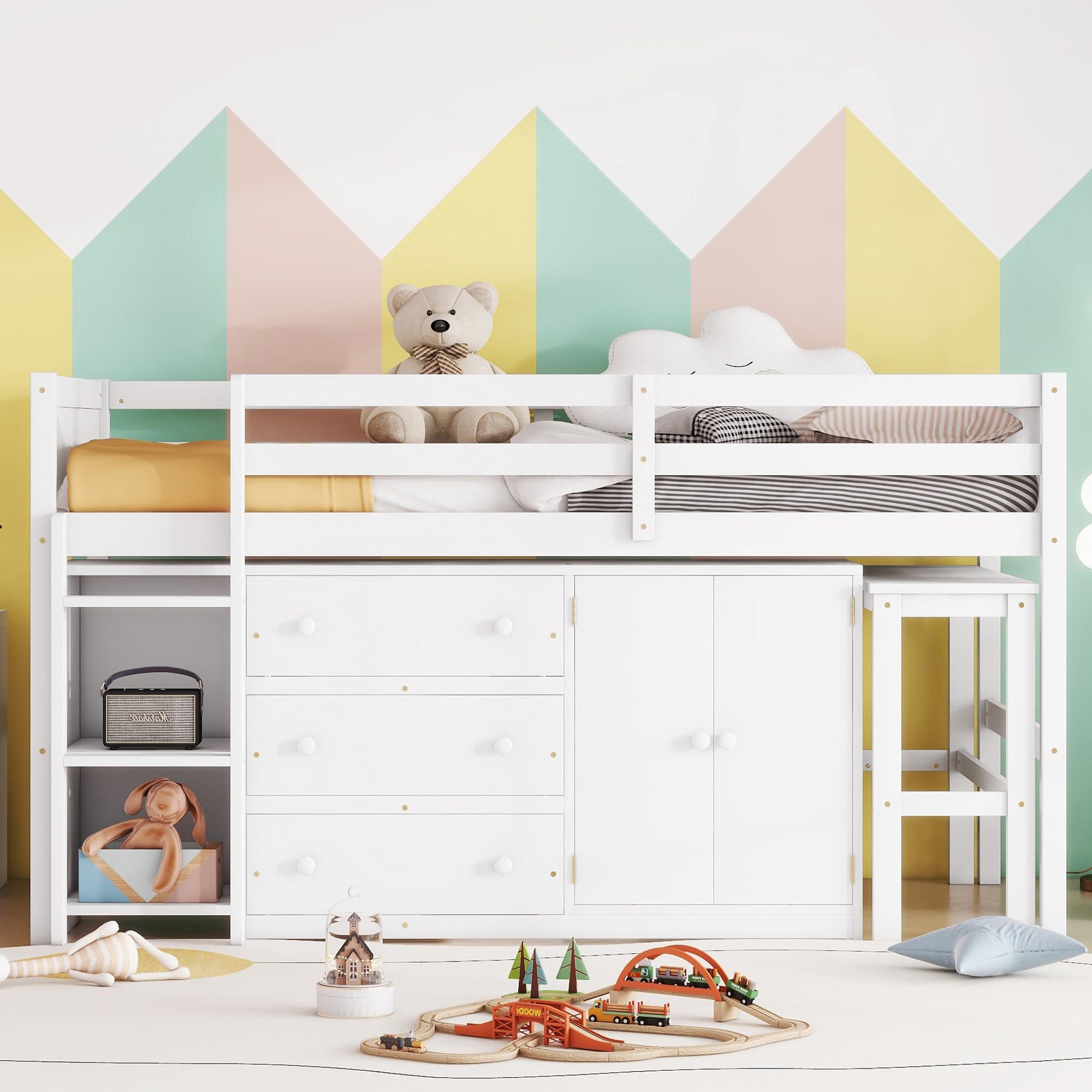 Ball & Cast Ball & Cast Twin Size Low Loft Bed Bunk with Pull-Out Desk and Drawers,Multifunctional Wood Bebframe W/Full-Length Guardrails and Storage Cabinet,Spacious Bookshelf,for Bedroom,Apartment,White