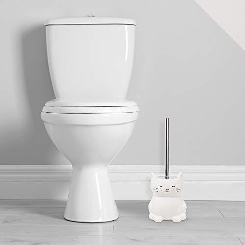 Isaac Jacobs International Isaac Jacobs White Ceramic Cat Toilet Bowl Brush Holder with Chrome Metal Handle (Unassembled) - Bathroom Accessory & Cleaning Storage (Cat)