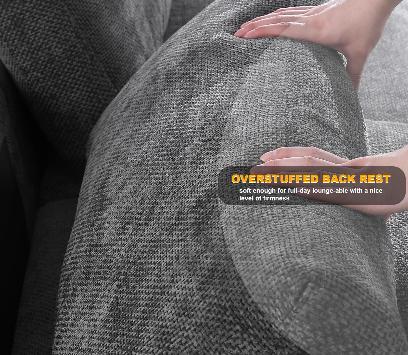 Flesser Deep Sectional Sofa 3 Seater Cloud Couch with Ottoman, 132" Modular Couch with Deep Seat, Oversized Chenille Big Sofa for Living Room, Apartment, with Pillows(Dark Grey)