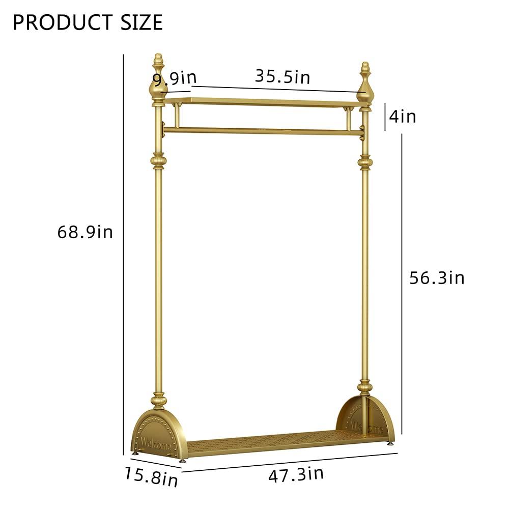 MAIKAILUN Clothing Rack Gold, Industrial Clothes Rack for hanging Clothes with Double Shelves Freestanding Multi-functional Heavy Duty Garment Rack, Metal Movable Portable Coat Rack for Organizing Clothes Shoes
