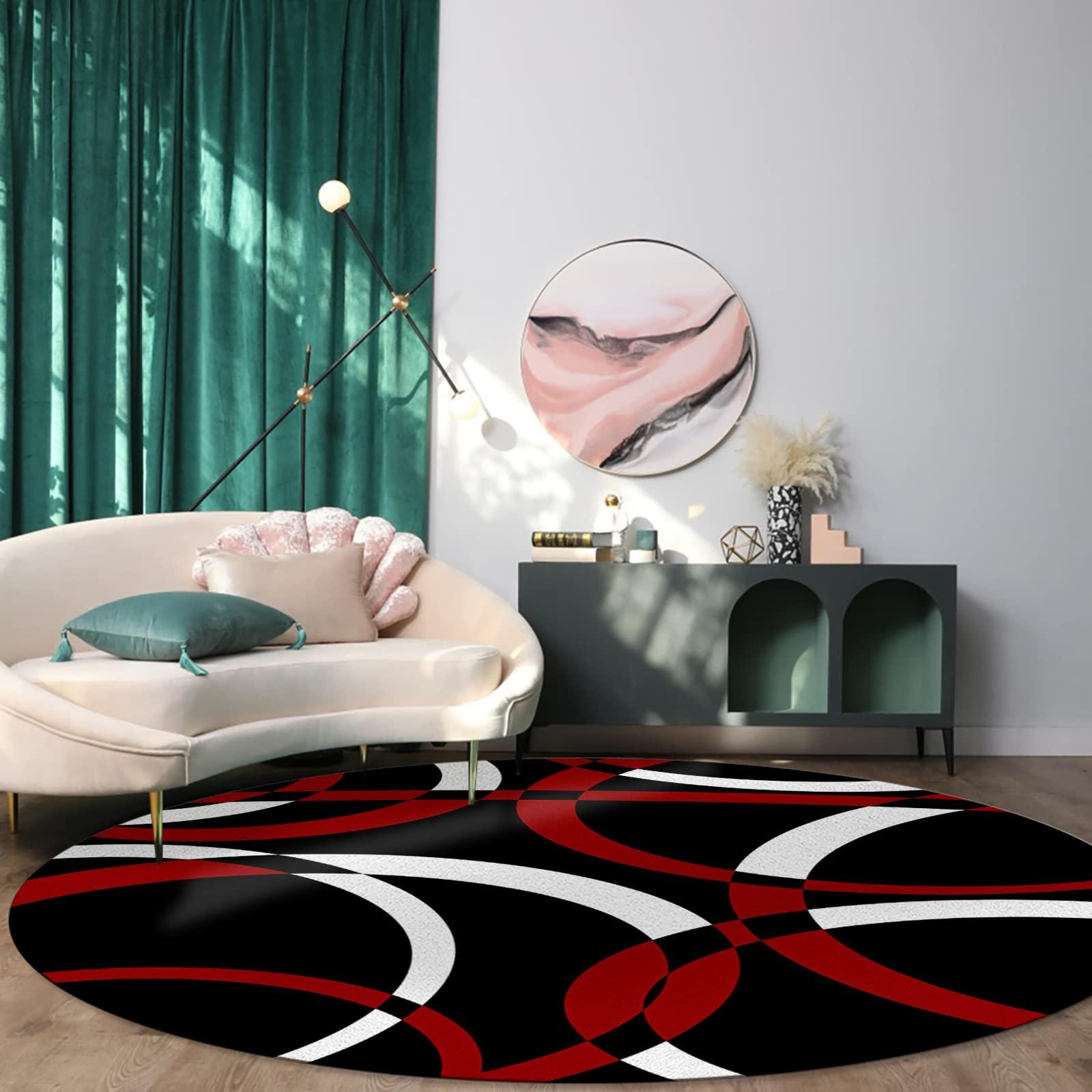 Jolunifun Red Geometric Round Area Rug 5ft,Washable Outdoor Indoor Carpet Runner Rug for Bedroom,Kitchen,Bathroom,Living Room,Office,Black White Modern Abstarct Circle Area+Rug Large Bath Door Desk Floor Mat
