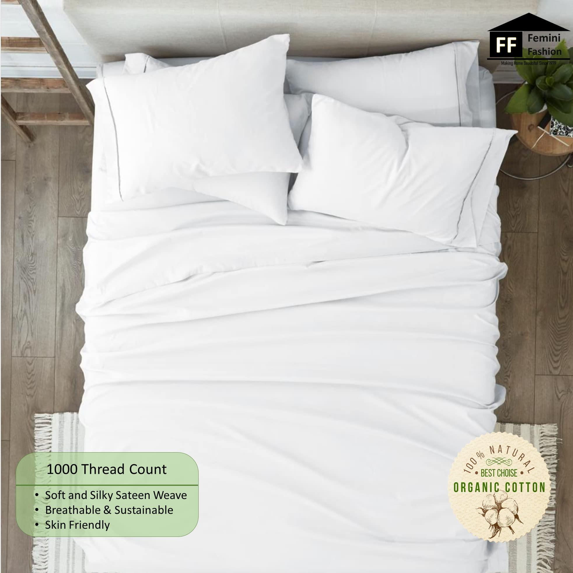 Femini Fashion Extra Deep Pockets 1000 Thread Count 100% Organic GOTS Certified Cotton, 22-Inch Deep-Pocket, 4-Piece Bed Sheet Set (1 Flat Sheet, 1 Fitted Sheet, 2 Pillow Covers) - Twin-XL, White