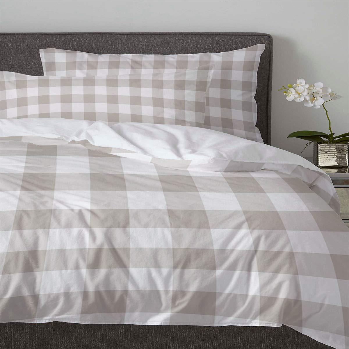 Chic D Bedding Duvet Covers Set 3 Piece Set, Beige Brown Plaid Queen Duvet Cover and 2 Pillow Cases Set, Farmhouse Buffalo Check, All Season Microfiber Reversible Bedding