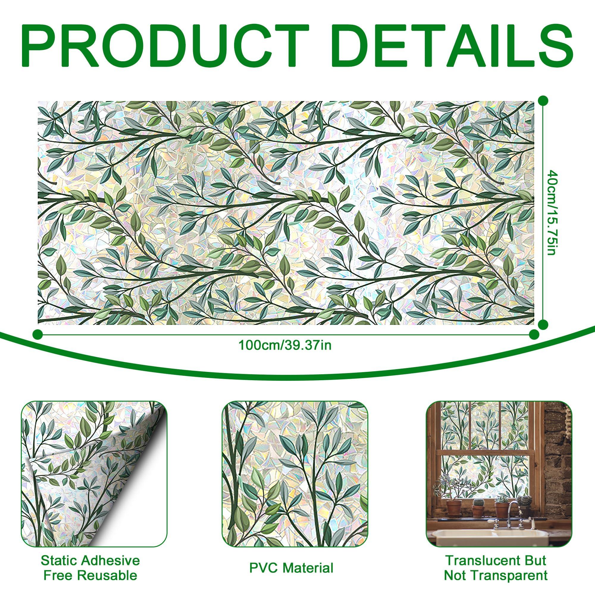 ACOSIY Stained Glass Window Film, Privacy Film for Glass Windows, Decorative Window Cling, Window Coverings Film for Bathroom Home Office, Non Adhesive Window Cling Film (Green)