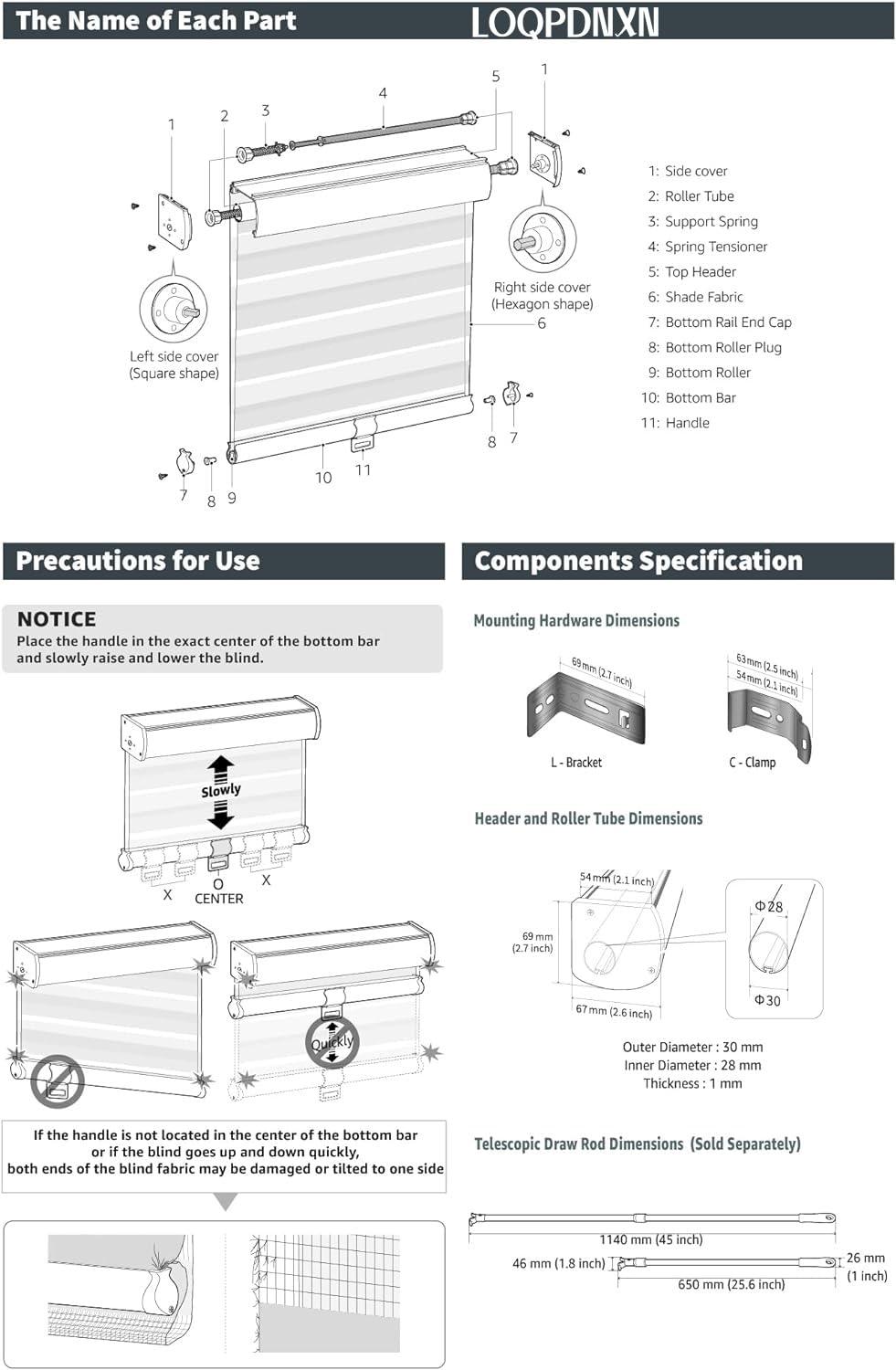 LOQPDNXN Zebra Blinds Custom Size Zebra Blinds Roller Shades for Windows Dual Layer Sheer or Privacy Light Control Day and Night Window Drapes Blinds & Shades White.44Wx(12" H to 98" H Customizeize)