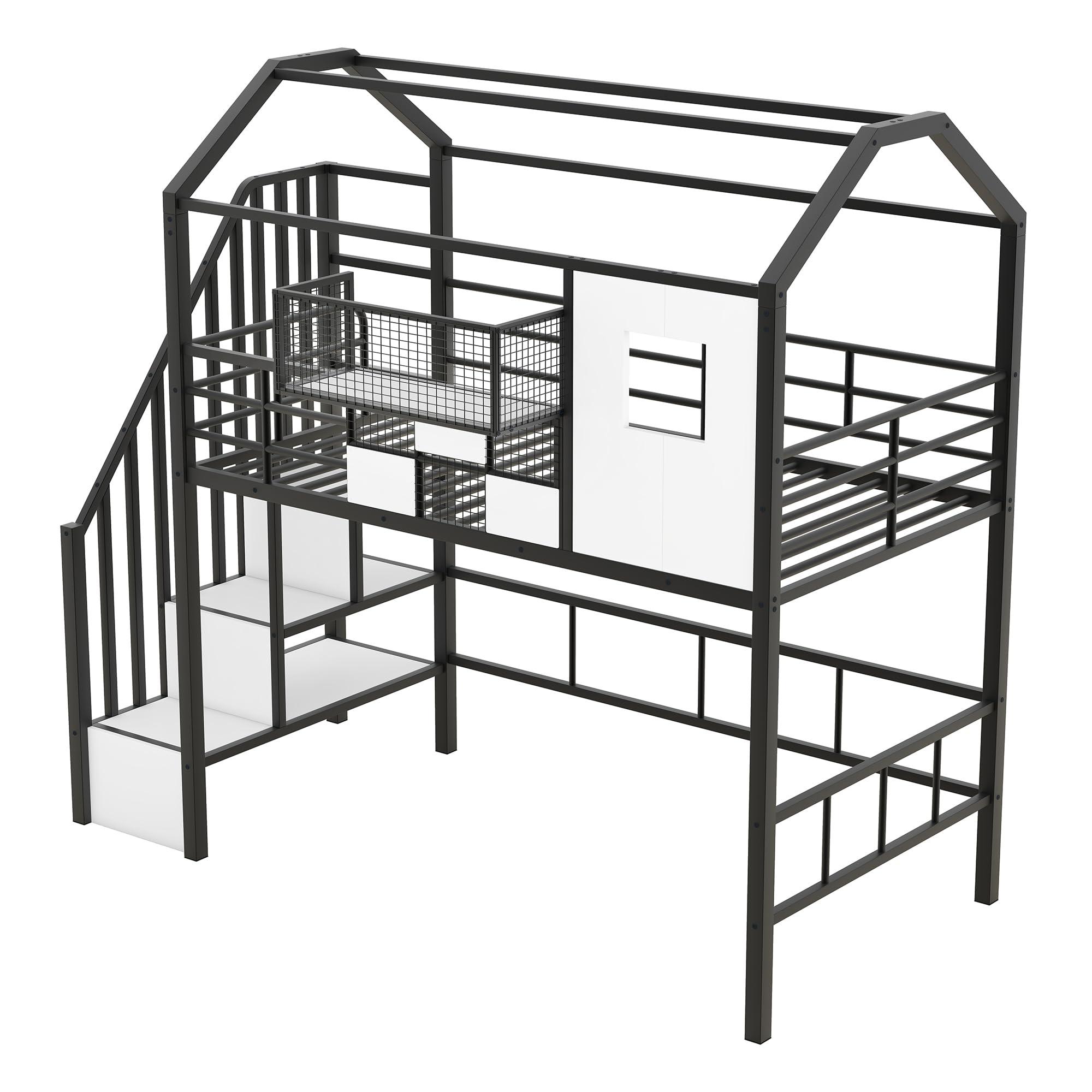 JIVOIT JIVOIT Metal Loft Bed Frame with Roof Design, A Storage Box and Storage Staircase, Twin Size House Bunk Bed with Integrated Ladder, Full-Length Guardrails, Metal Slat Support (Black,Storage Box)