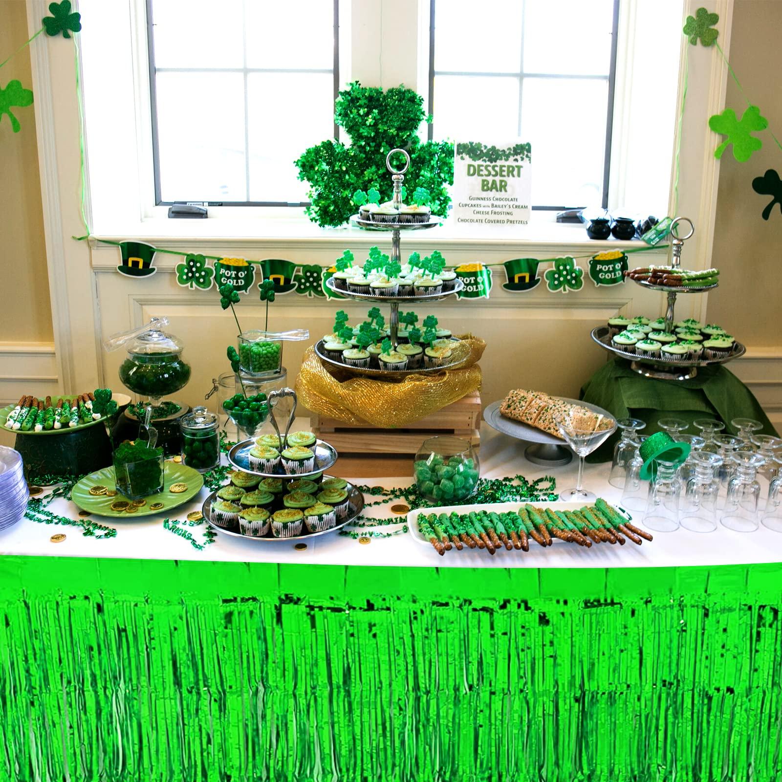 Clayghsen 4 Pack 29x108 Inch Metallic Foil Fringe Tinsel Table Skirts for Rectangle Tables Streamer Curtains Backdrop for Wedding, Birthday, Parade Floats, Christmas, Halloween Party Decoration(Green)