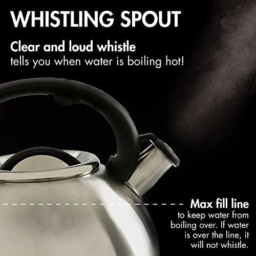 Primula Primula Avalon Whistling Stovetop Tea Kettle Food Grade Wide Mouth, Fast to Boil, Cool Touch Handle, 2.5-Quart, Brushed Stainless Steel