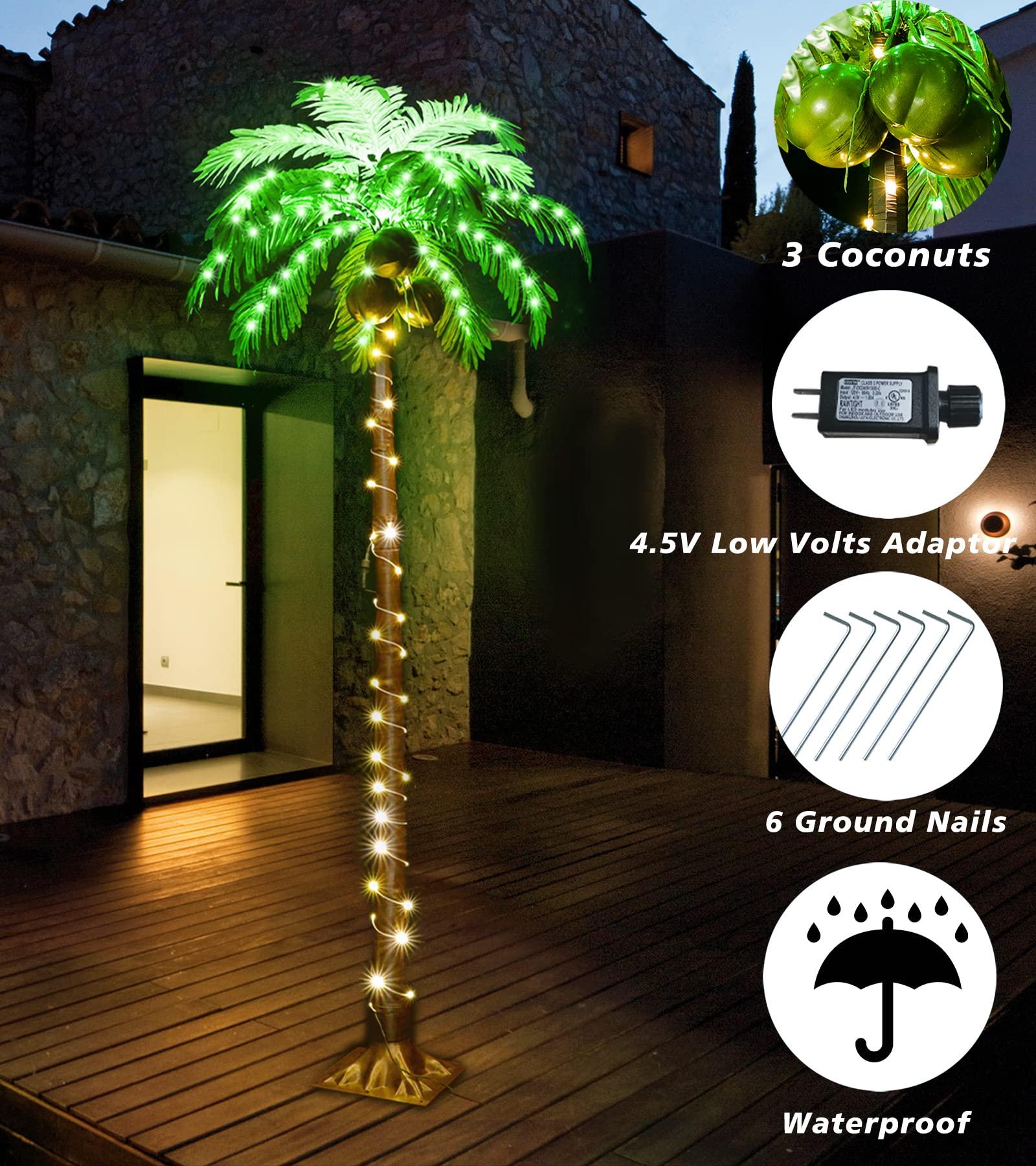 HEYCOLOR 6 FT LED Lighted Palm Tree with Coconuts Outdoor Artificial Palm Tree Tropical Palm Tree Lights for Patio Pool Hawaiian Luau Jungle Party Tiki Bar Christmas Indoor Decoration