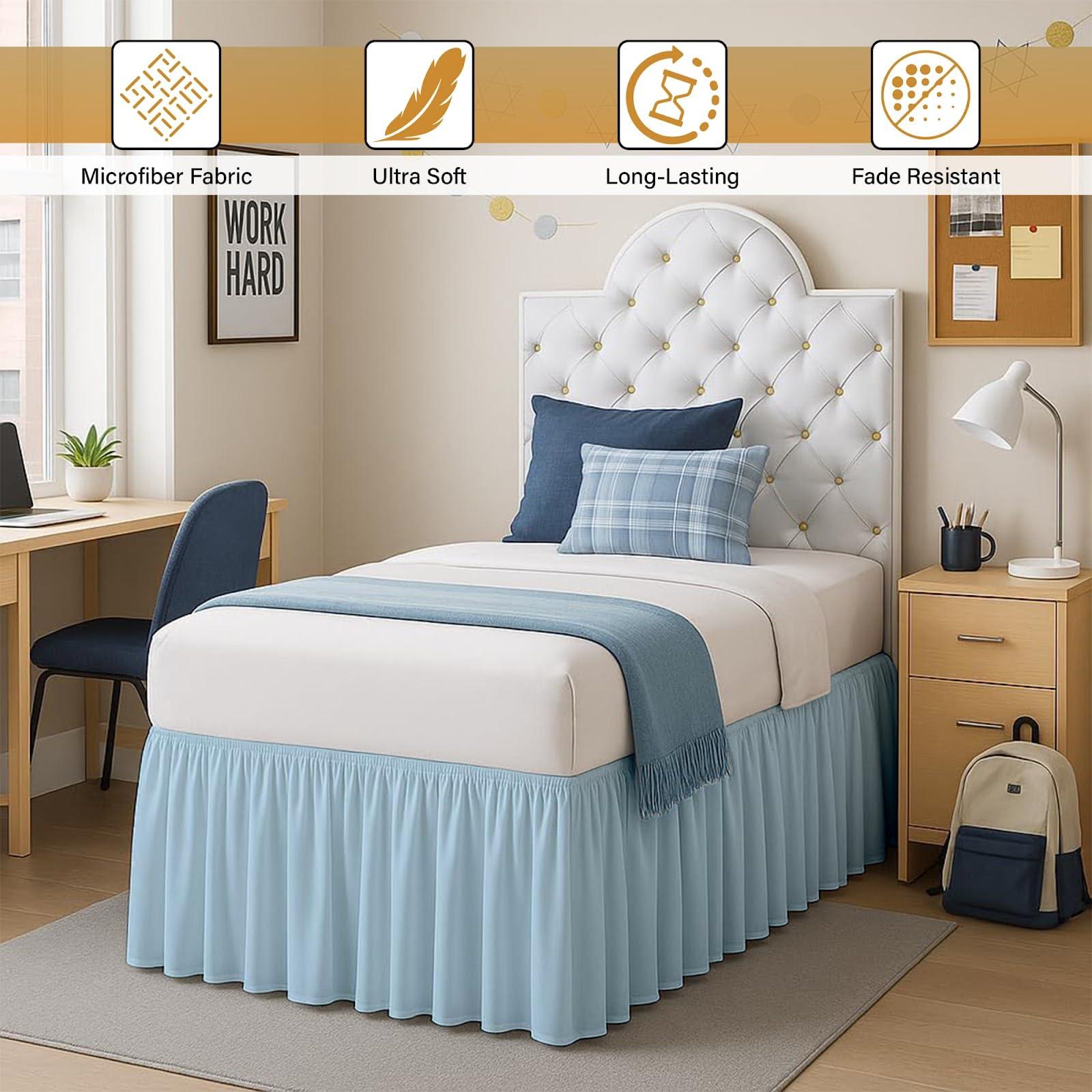 Olivialinen Dorm Room Bed Skirt - College Dorm Bed Skirt - Extra Long Bed Skirts for Dorm Rooms - Elegant Design Brushed Microfiber- Long Bed Skirt Dorm (Light Blue Solid, Twin XL/46 Drop)