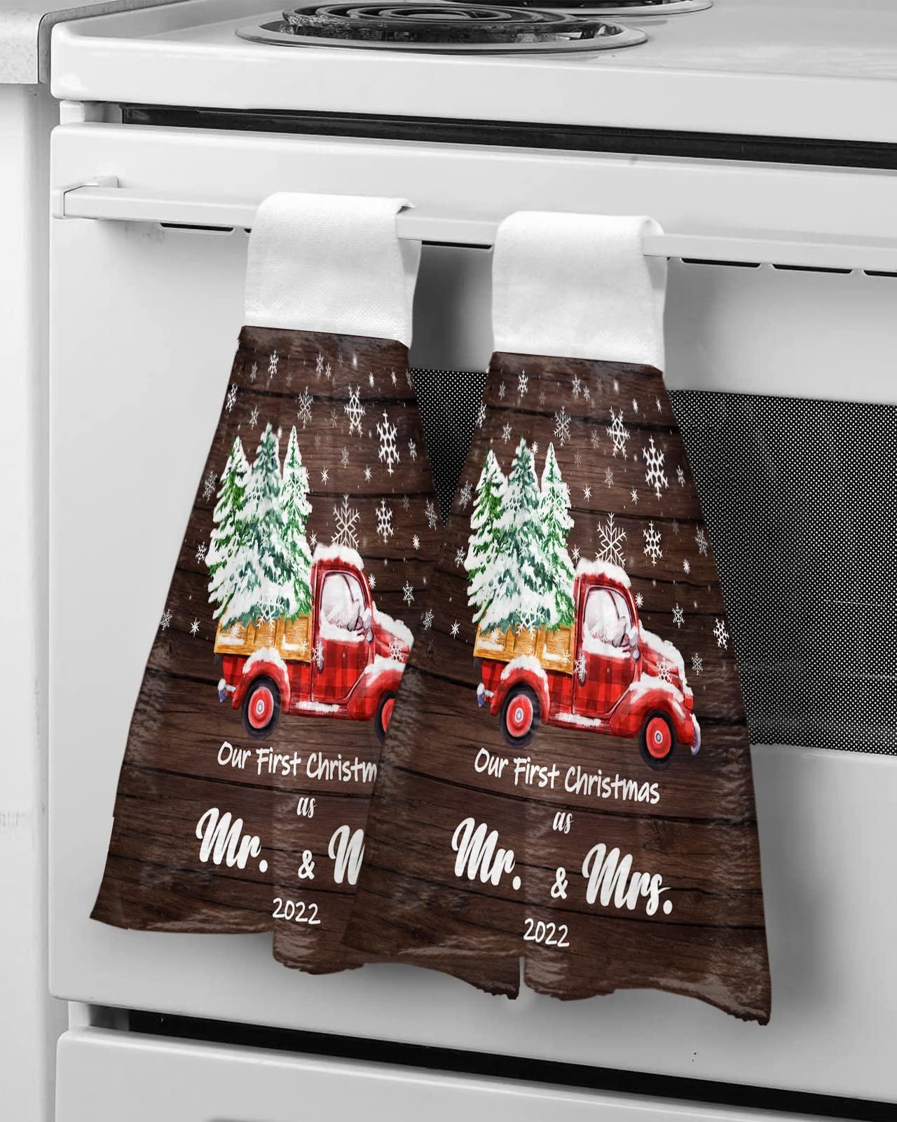 Kewadony Kewadony 1 Pack Hanging Kitchen Hand Towels, 2022 Christmas Hand Tie Towels with Hanging Loop, Red Truck Xmas Tree Snowflake Retro Wood Grain Soft Absorbent Towels Set for Bathroom and Kitchen