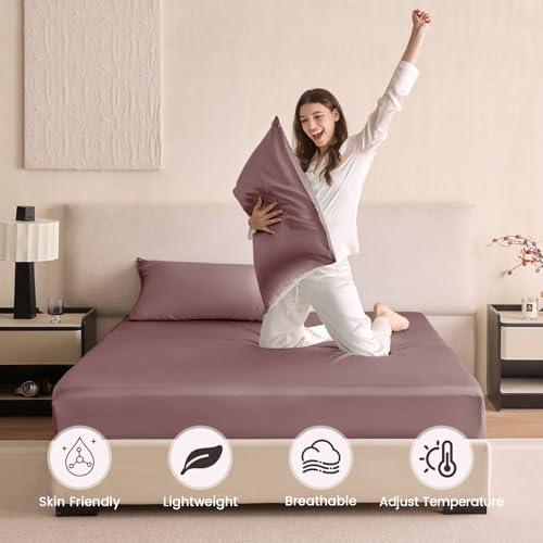 THXSILK THXSILK Silk Cal. King Fitted Sheet 3Pcs Set, 6A+ Top Grade 100% Pure Mulberry Silk Bed Sheets Set Luxury Bedding Sheet for Hair and Skin, 1 Fitted Sheet with 2 Pillowcases, Purple