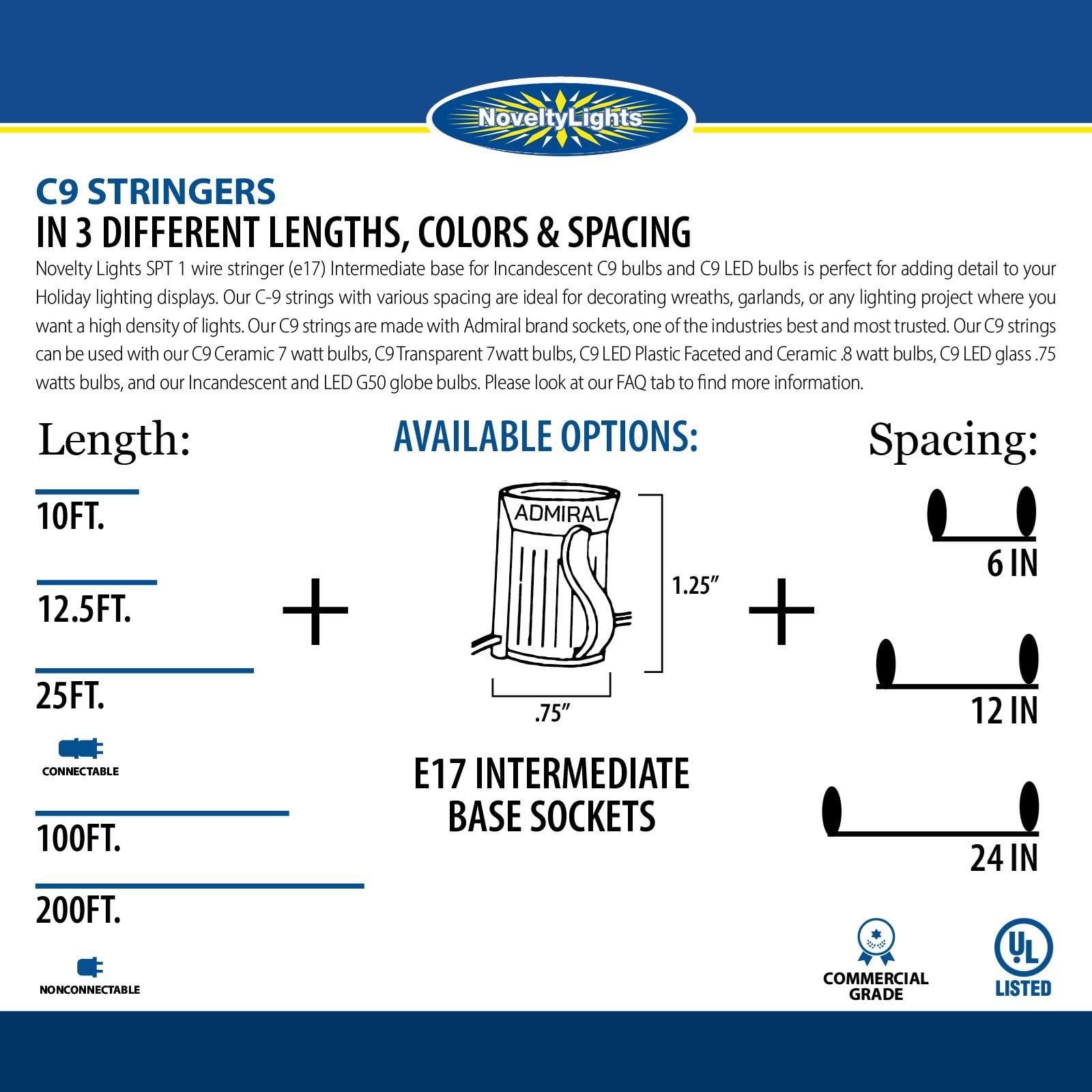 Novelty Lights Novelty Lights 25 Foot String Light Set - Indoor/Outdoor Stringer Set for Christmas, Wedding Decor, Patios, & More - C9/E17 Intermediate Base (Green Wire, 12" Spacing)